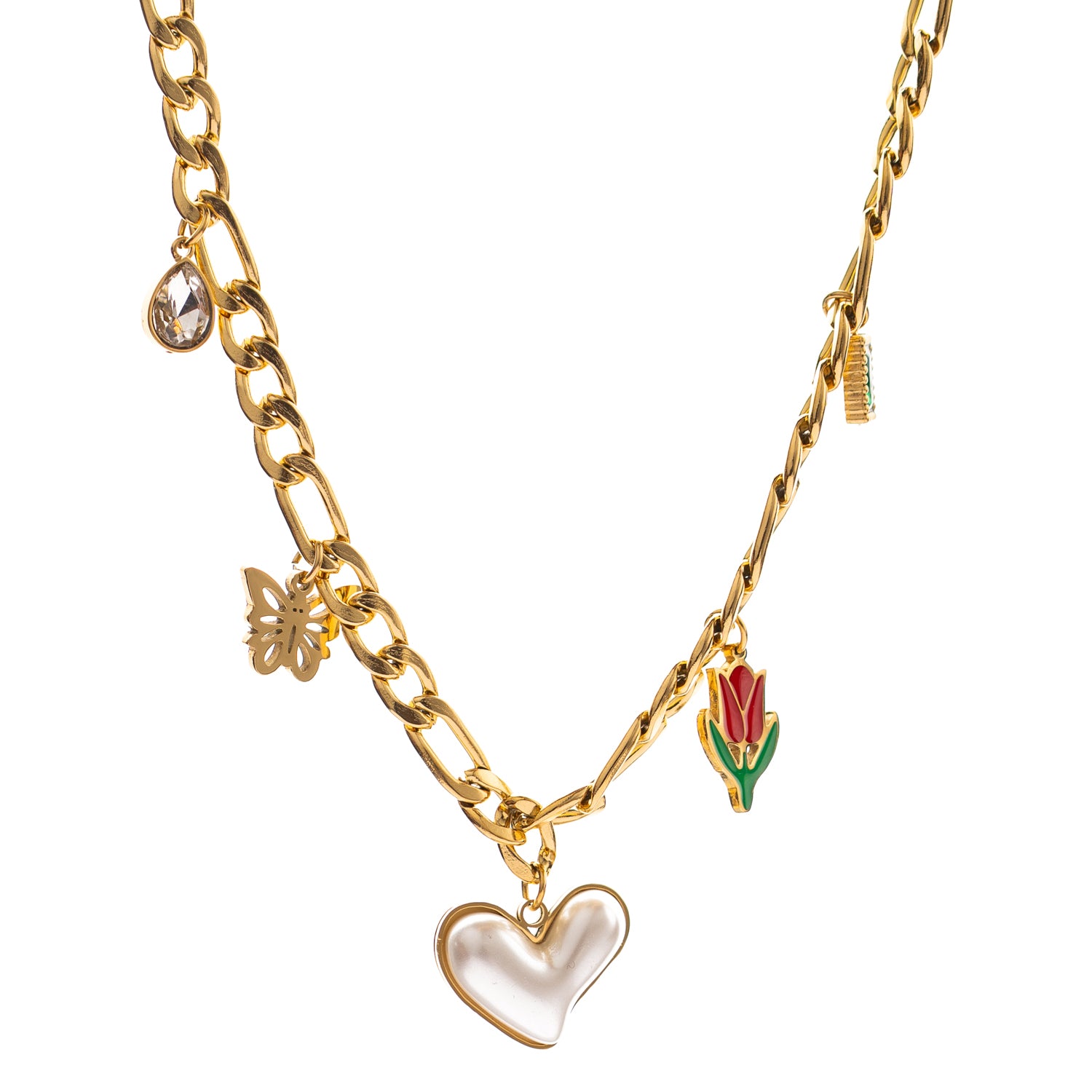Close-up of water-resistant charm necklace featuring heart, tulip, butterfly, and crystal pendants