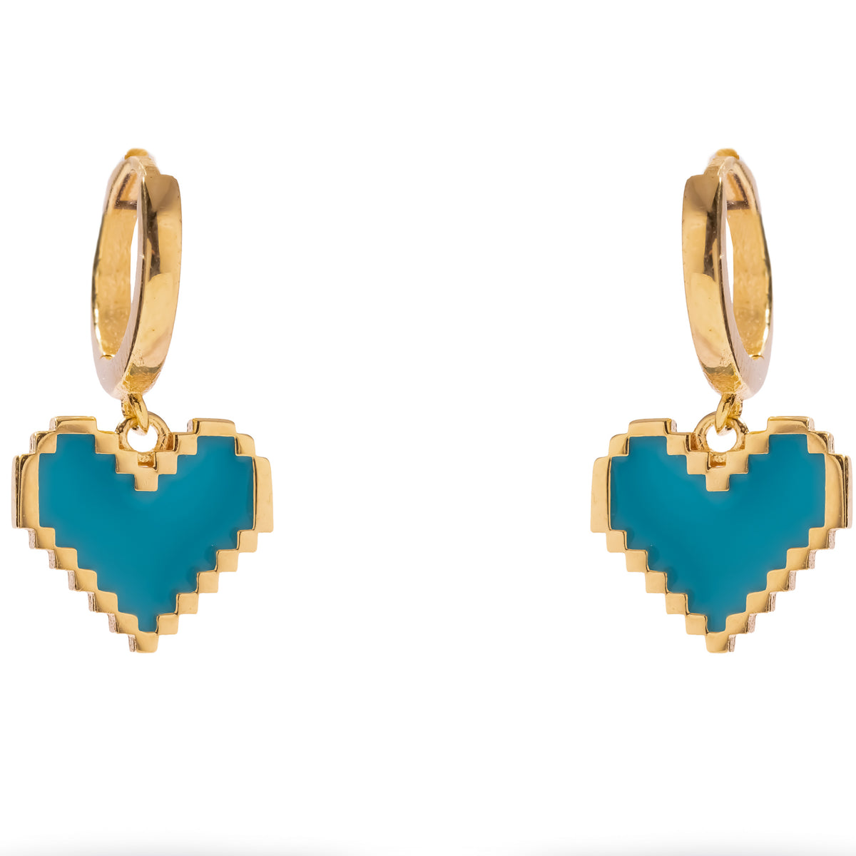 Close up of the turquoise enamel pixel hearts with stepped gold outlines hanging from polished gold huggie hoops