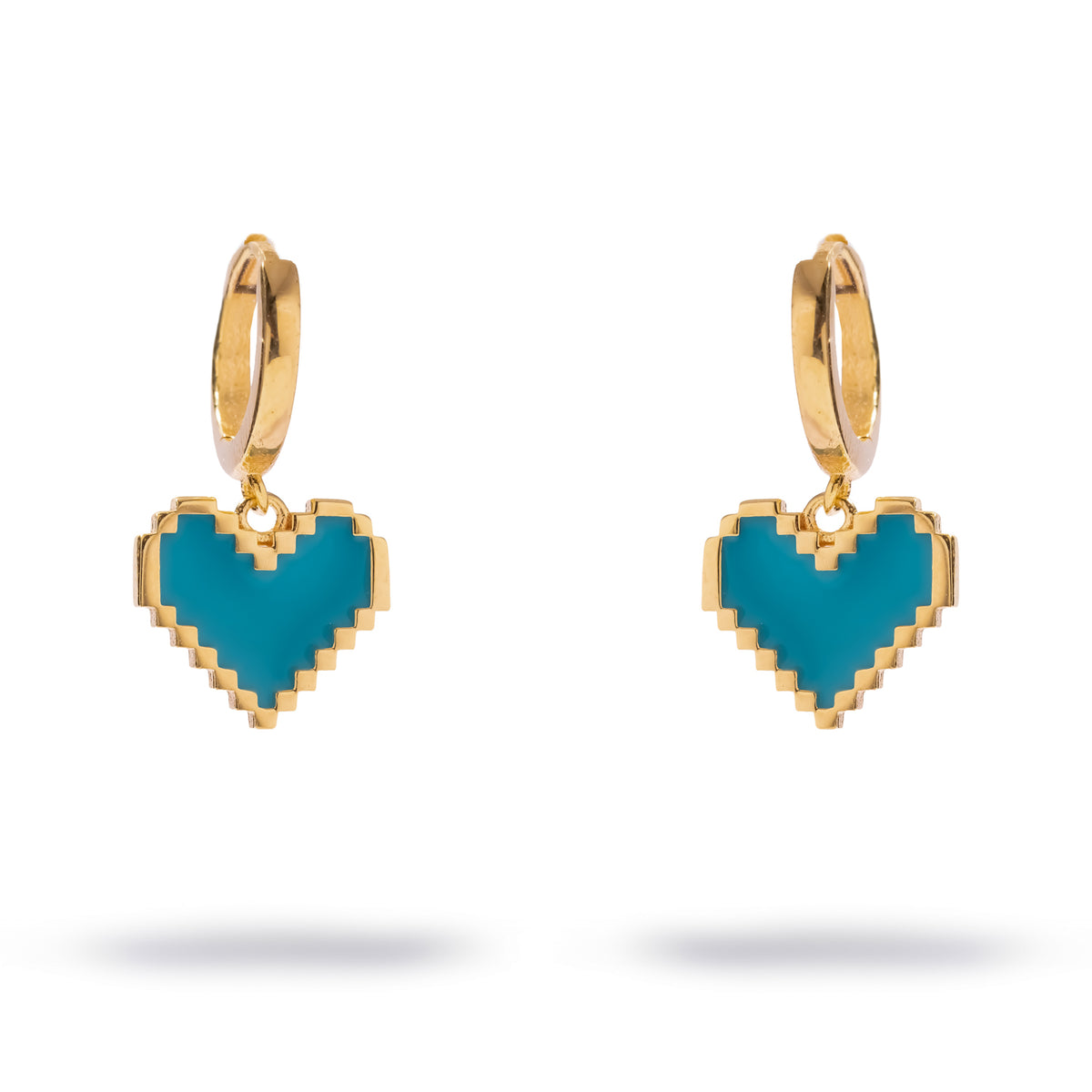 Love in Color turquoise enamel heart gold hoop earrings, front view of the pair with pixel hearts on hinged huggie hoops