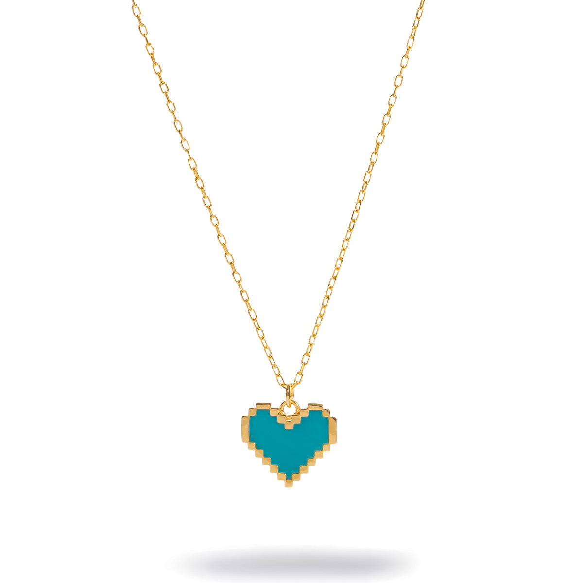 Love in Color turquoise enamel heart gold pendant necklace, front view of the pixel heart on a fine gold cable chain