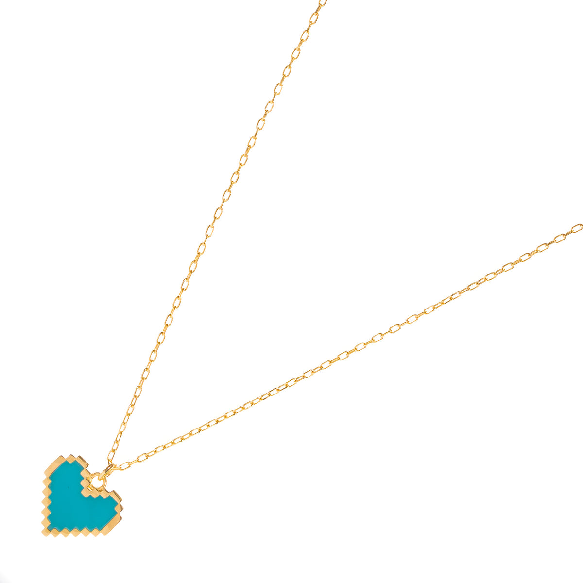 Turquoise enamel heart gold pendant necklace from an angle, showing the stepped gold edge of the heart
