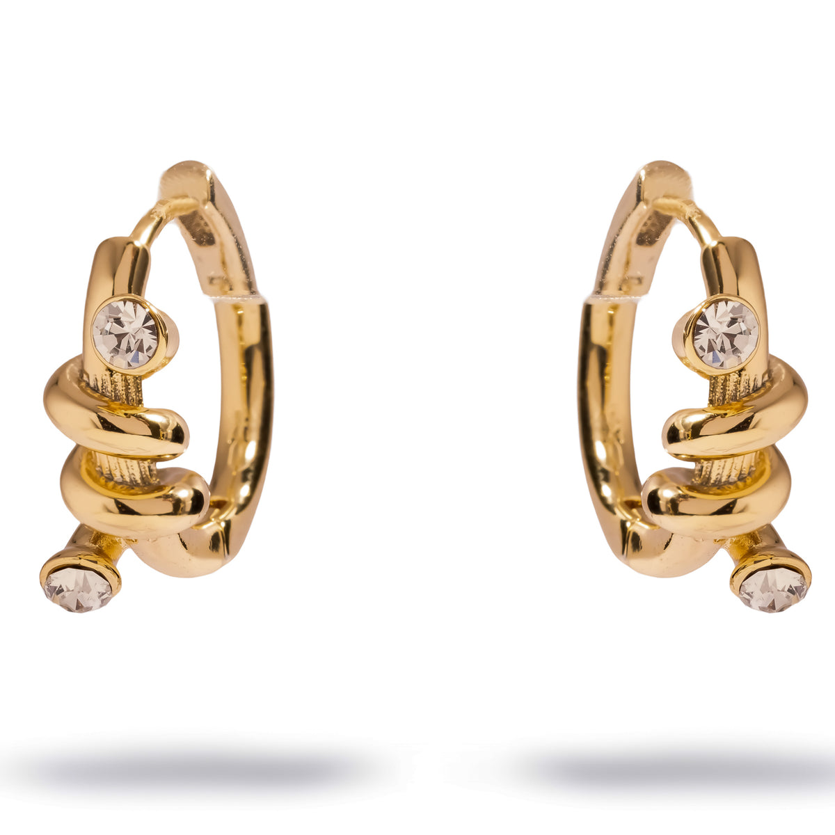 Pair of Love Knot gold huggie hoop earrings on a white background, a coiled knot at the front with a round clear stone at each end