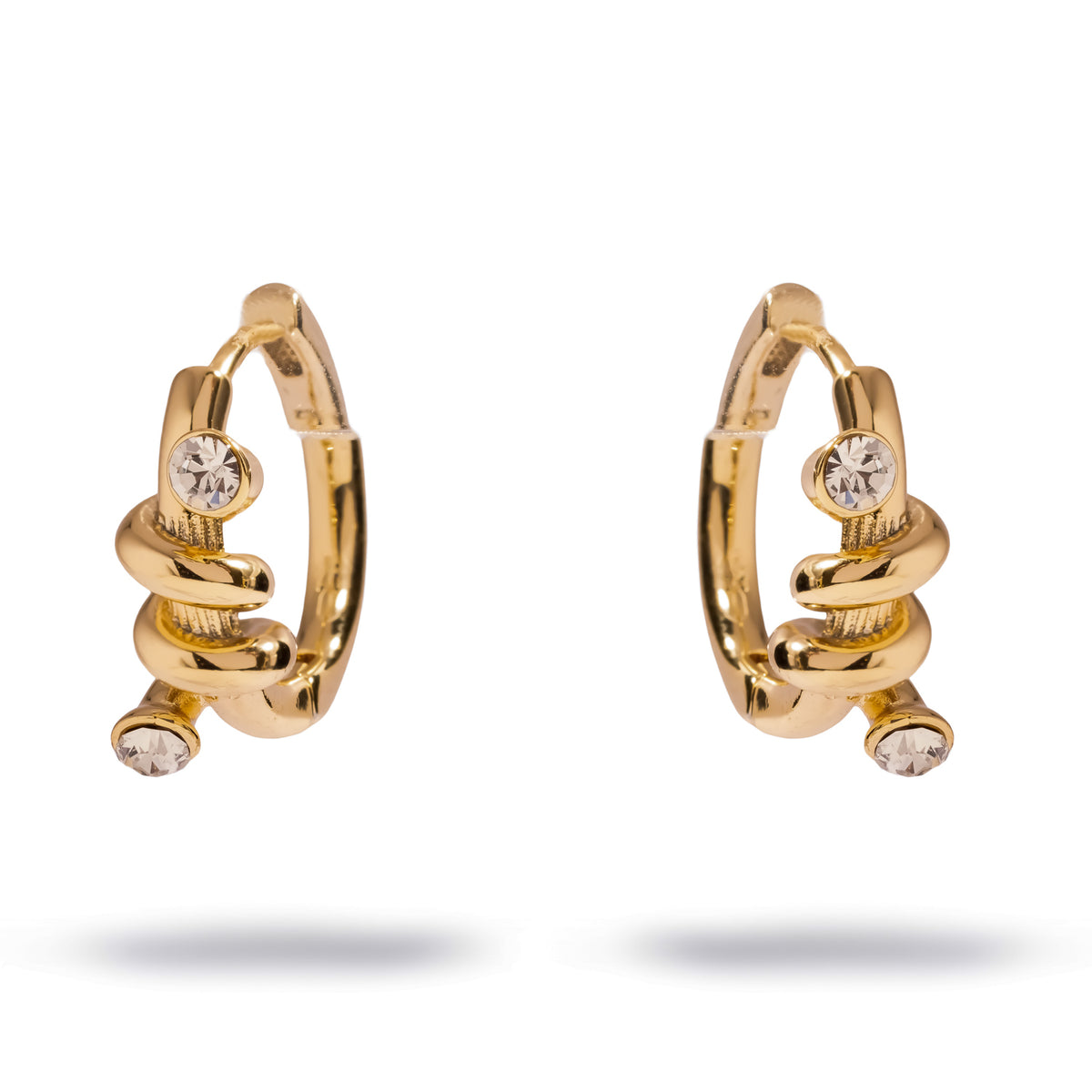 Front view of the pair of gold love knot huggie hoop earrings, showing both round stones and the ribbed detail inside the knot