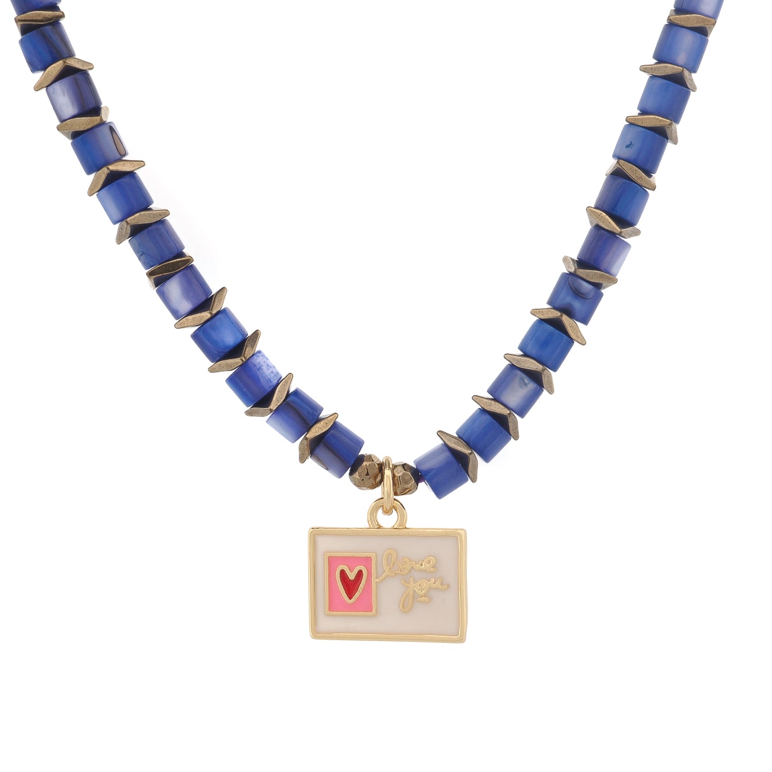 Love You Choker Necklace with purple-blue seed beads and gold-plated enamel heart pendant.

