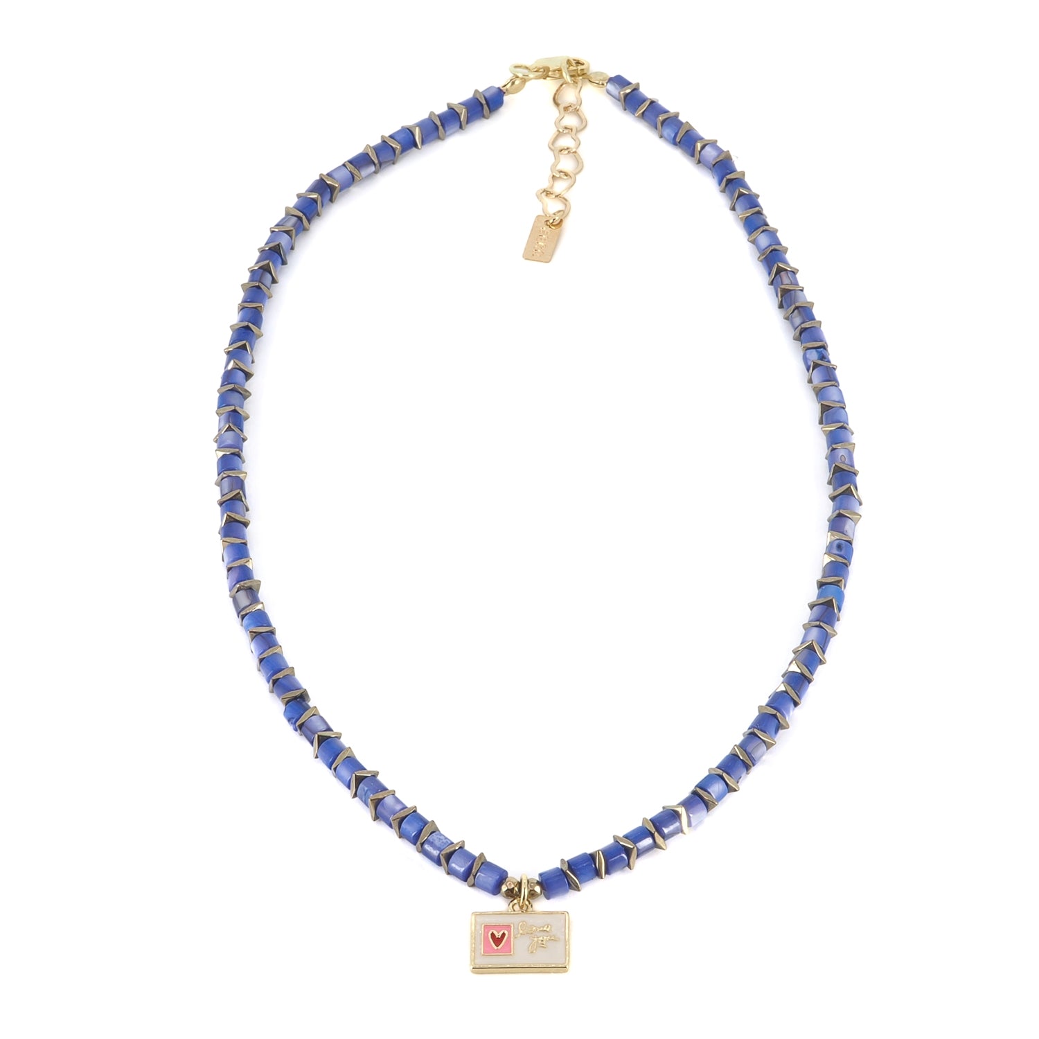 Delicate choker necklace with pink and white enamel heart and 18K gold-plated pendant.


