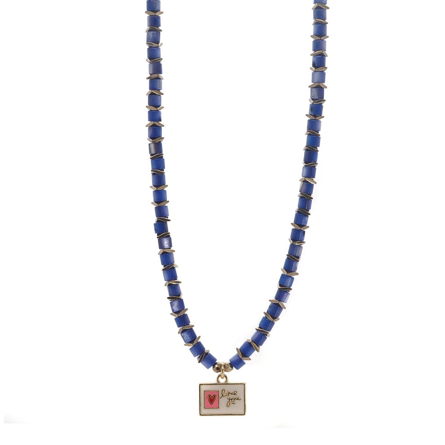 Romantic enamel heart necklace with dainty seed beads and gold finish.

