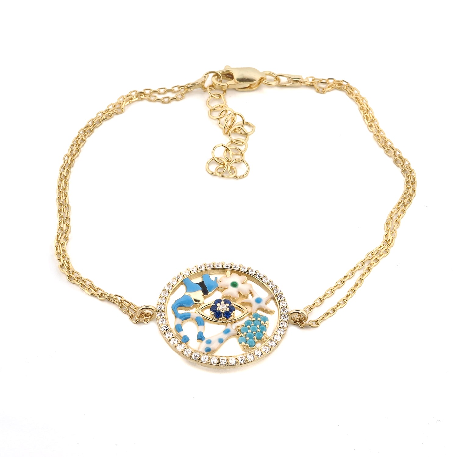 Lucky Charms talisman bracelet with evil eye, horseshoe and hamsa in sterling silver by Ebru Jewelry