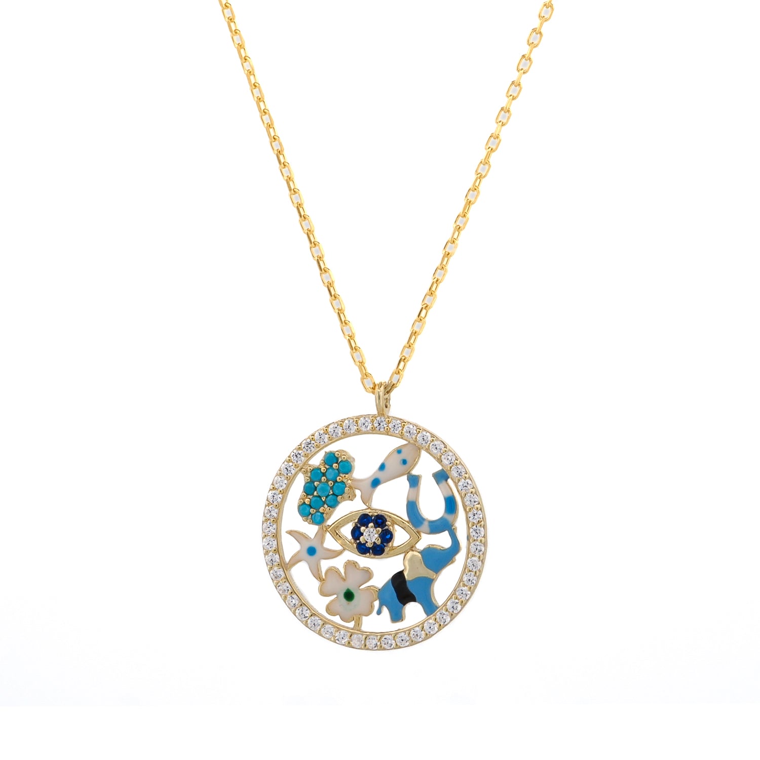 Lucky Charms talisman pendant necklace with evil eye, horseshoe and clover in sterling silver by Ebru Jewelry
