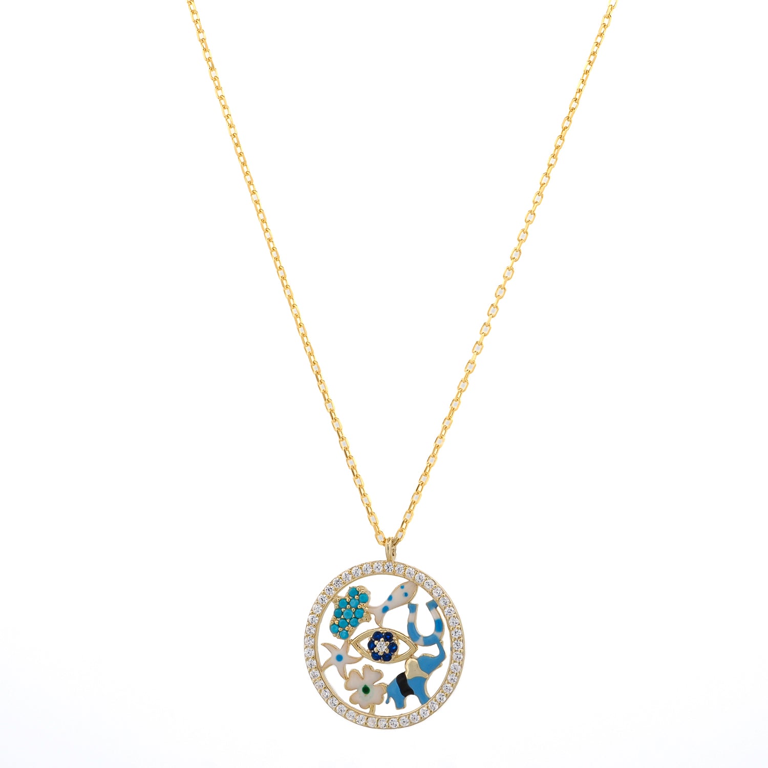 Good luck medallion necklace with blue enamel protection symbols and pavé crystal frame