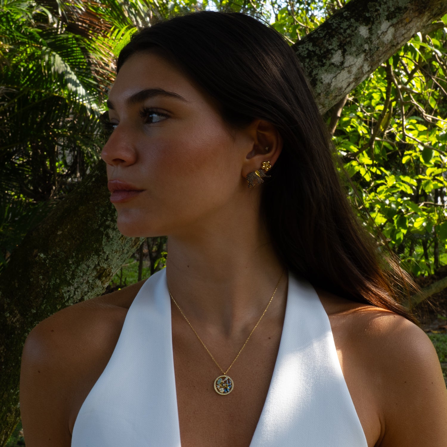 Lucky Charms sterling silver talisman necklace styled on model, everyday protection jewelry