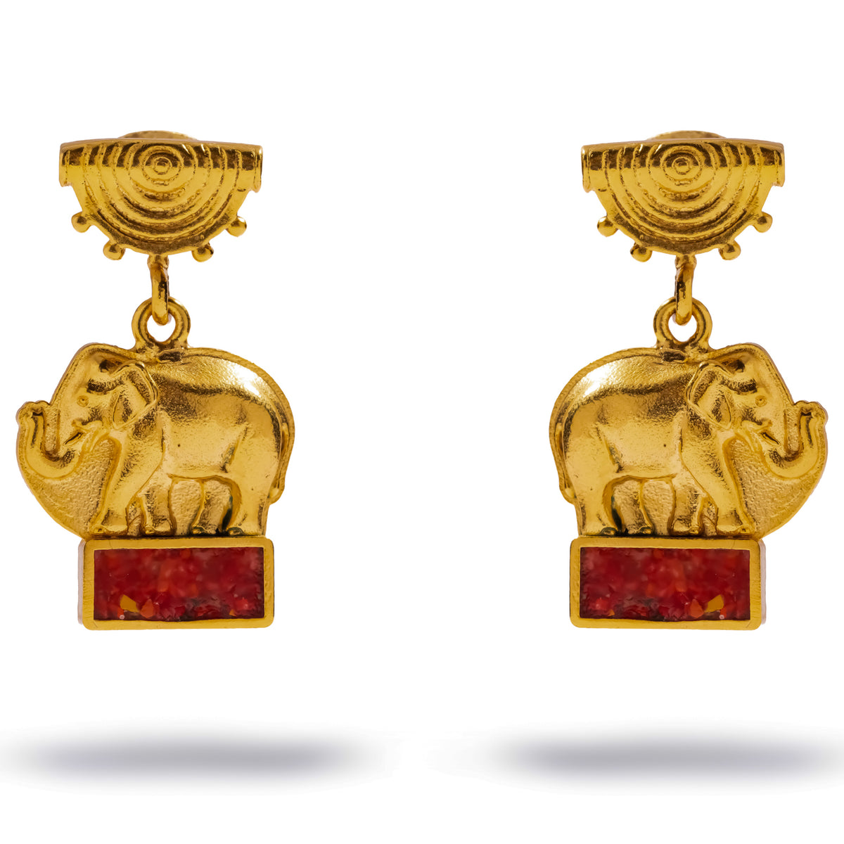 Lucky Elephant Coral Mosaic Gold Drop Earrings, a gold elephant with her calf above a red coral mosaic bar