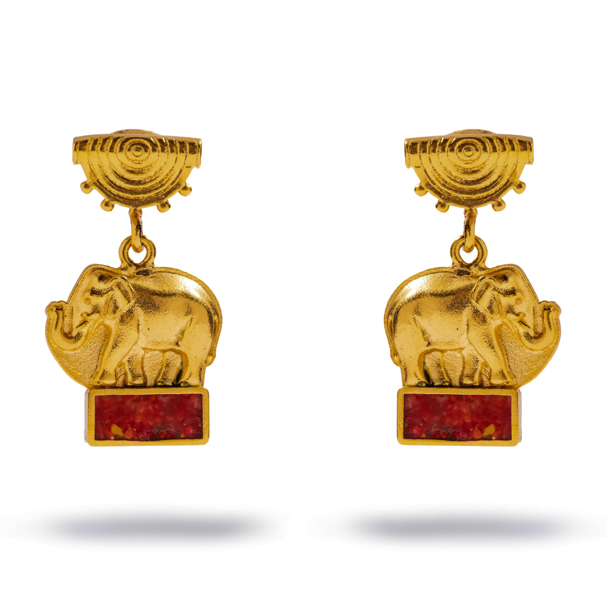 Pair of Lucky Elephant Coral Mosaic Gold Drop Earrings shown front on, the elephant trunk raised and the calf held within her body