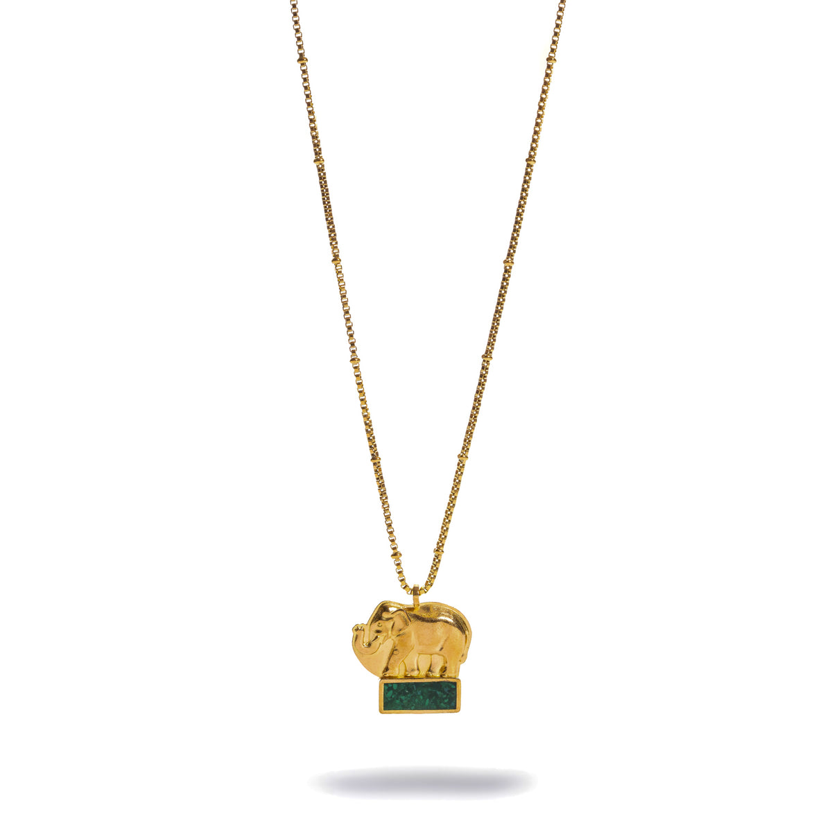 Lucky Elephant Emerald Green Mosaic Gold Pendant Necklace shown at full length on a beaded box chain