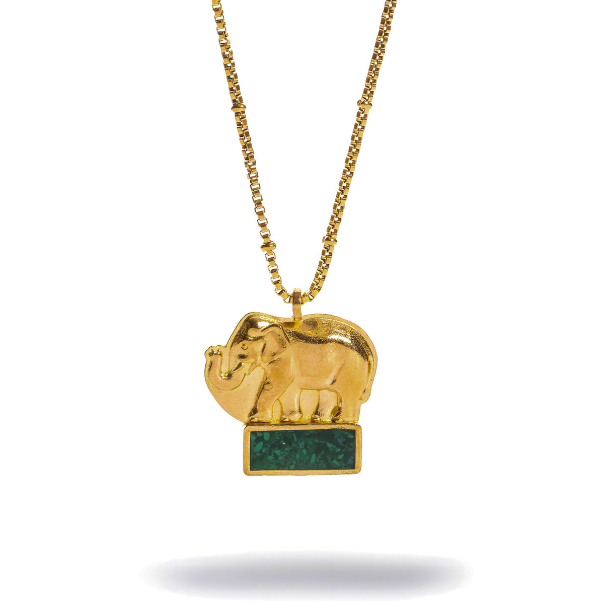 Lucky Elephant Emerald Green Mosaic Gold Pendant Necklace, gold elephant with her calf standing on a green mosaic bar