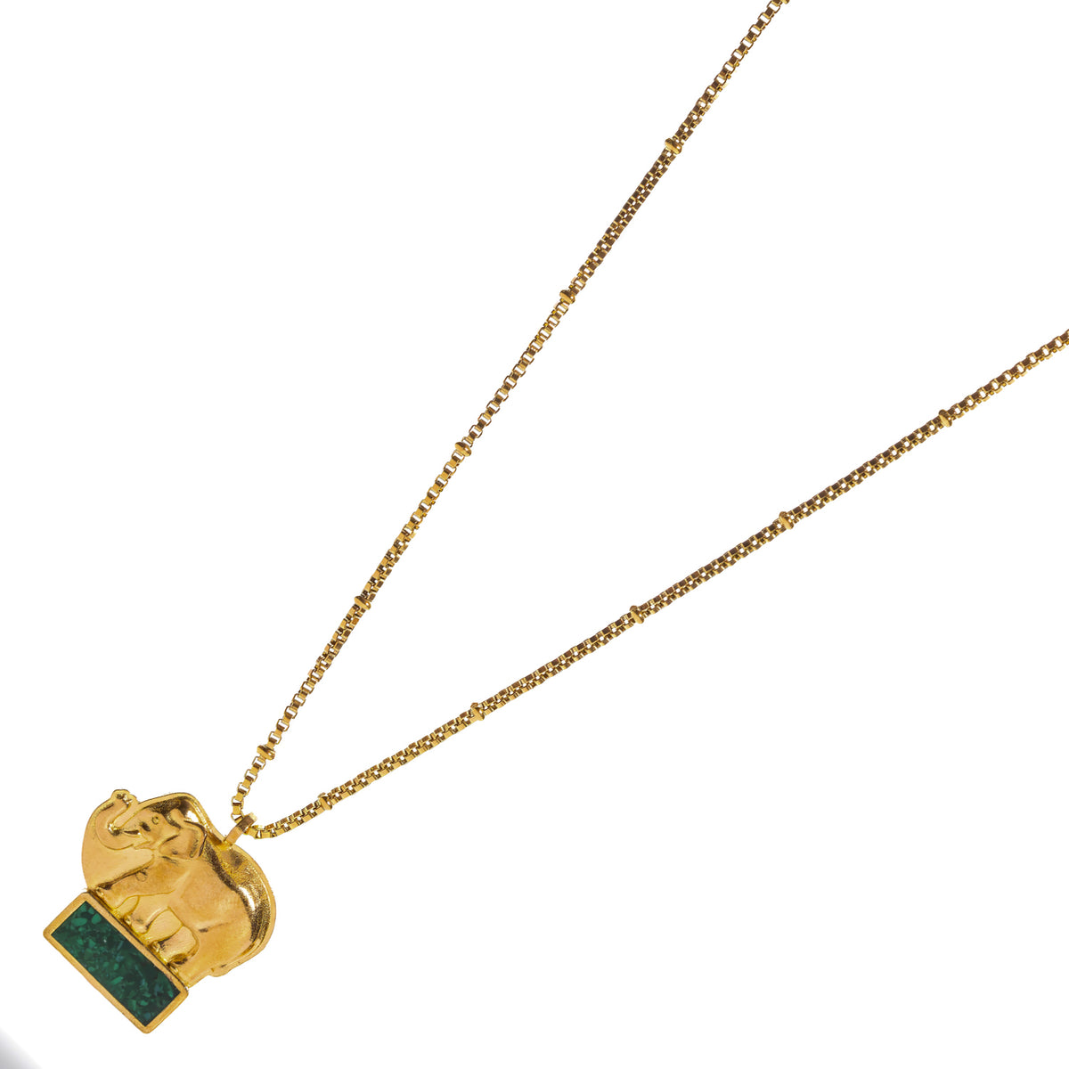 Gold elephant pendant with an emerald green mosaic bar, angled view on a beaded box chain
