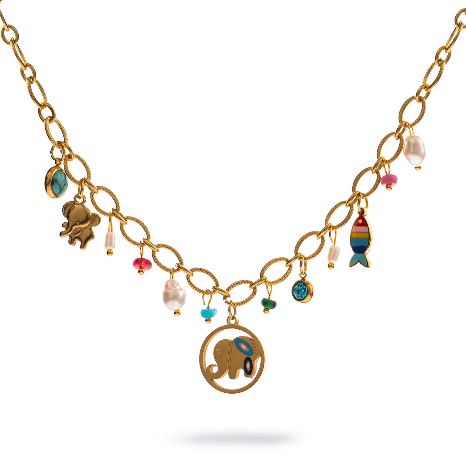 Gold choker necklace with lucky elephant and fish charms, featuring pearls and colorful beads for a joyful boho style
