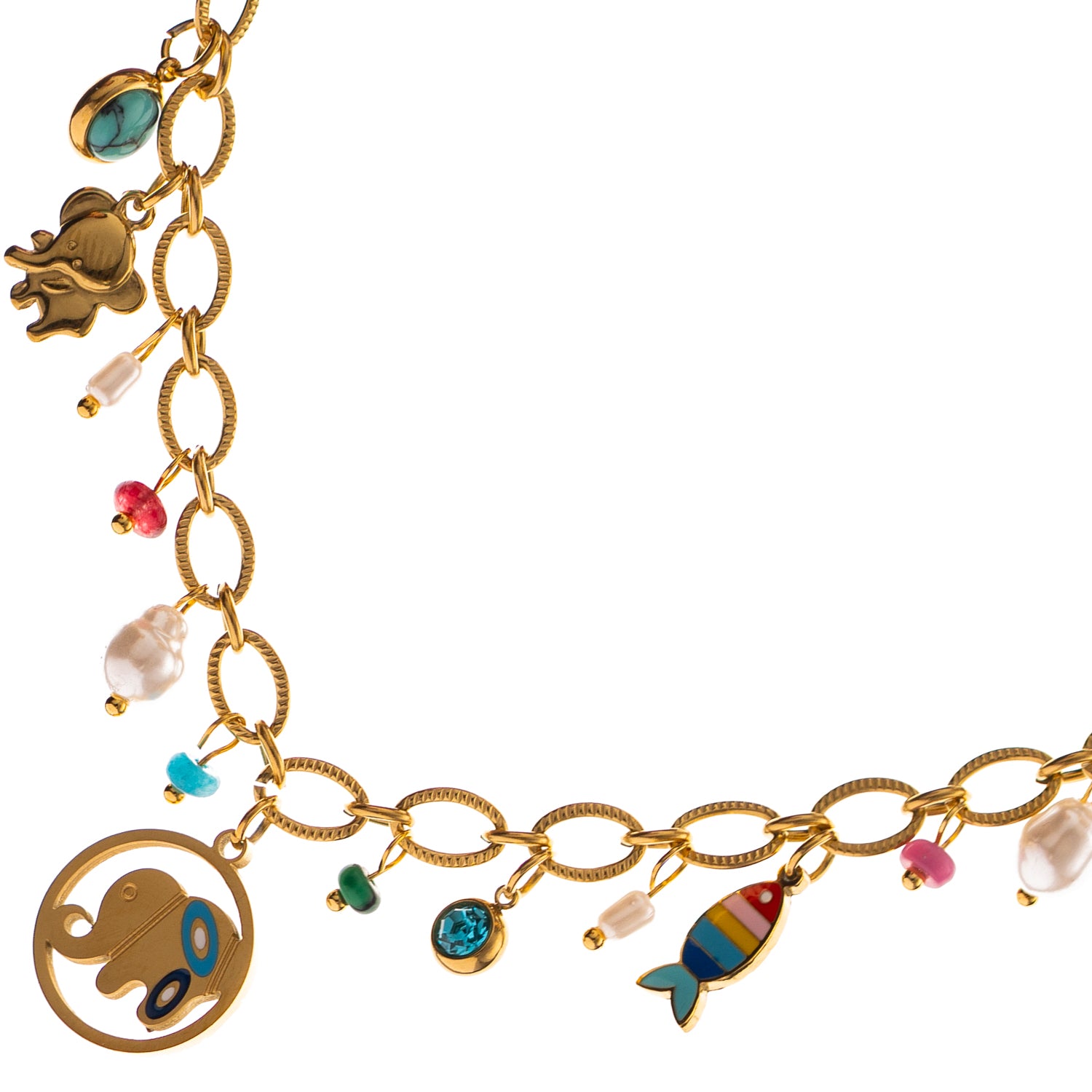 Colorful bohemian charm choker with elephant, fish, and crystal details on adjustable gold chain