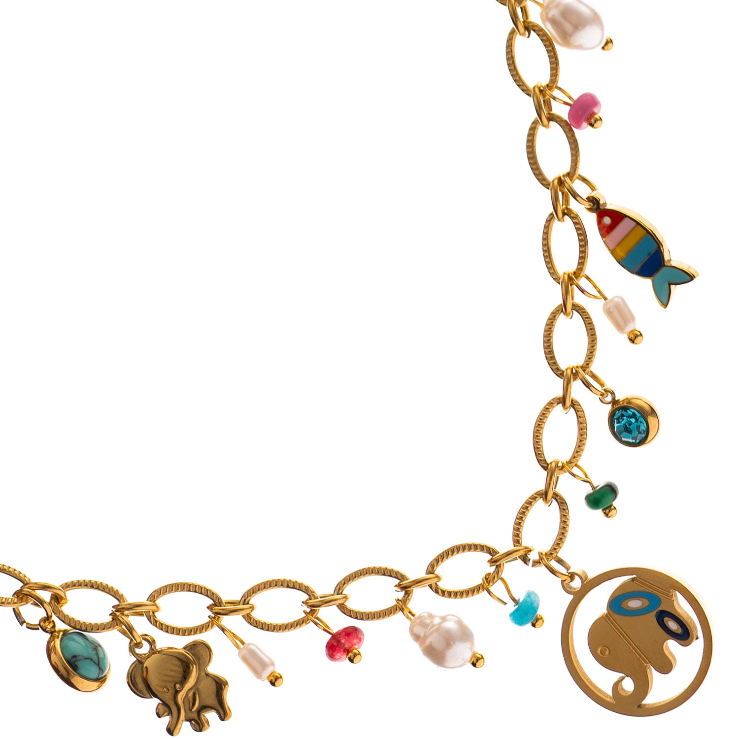 Close-up of gold-plated choker featuring symbolic animal charms with colorful enamel and crystal stones