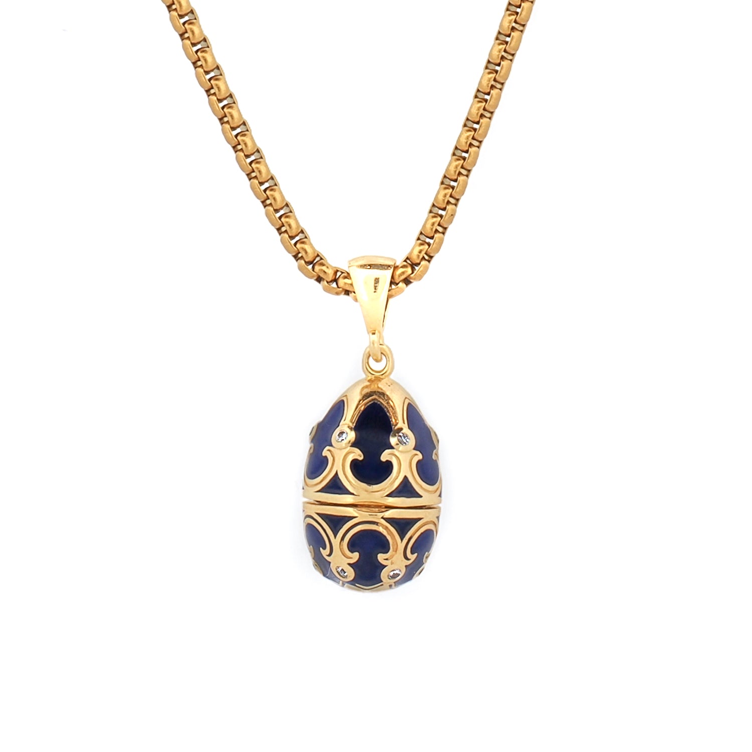 Gold necklace with a blue egg-shaped pendant on a white background