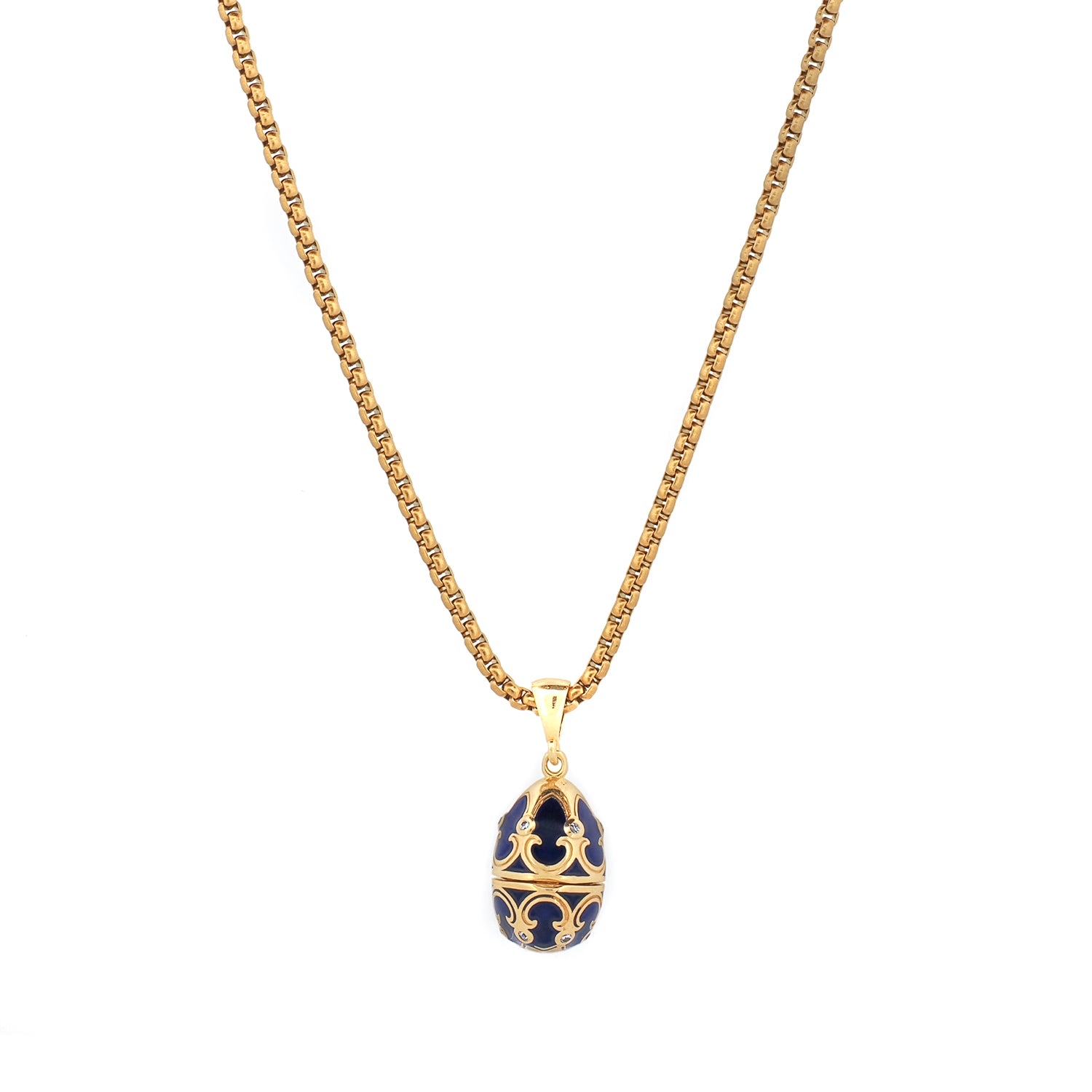 Lucky elephant hidden blue egg locket pendant on gold-plated box chain necklace
