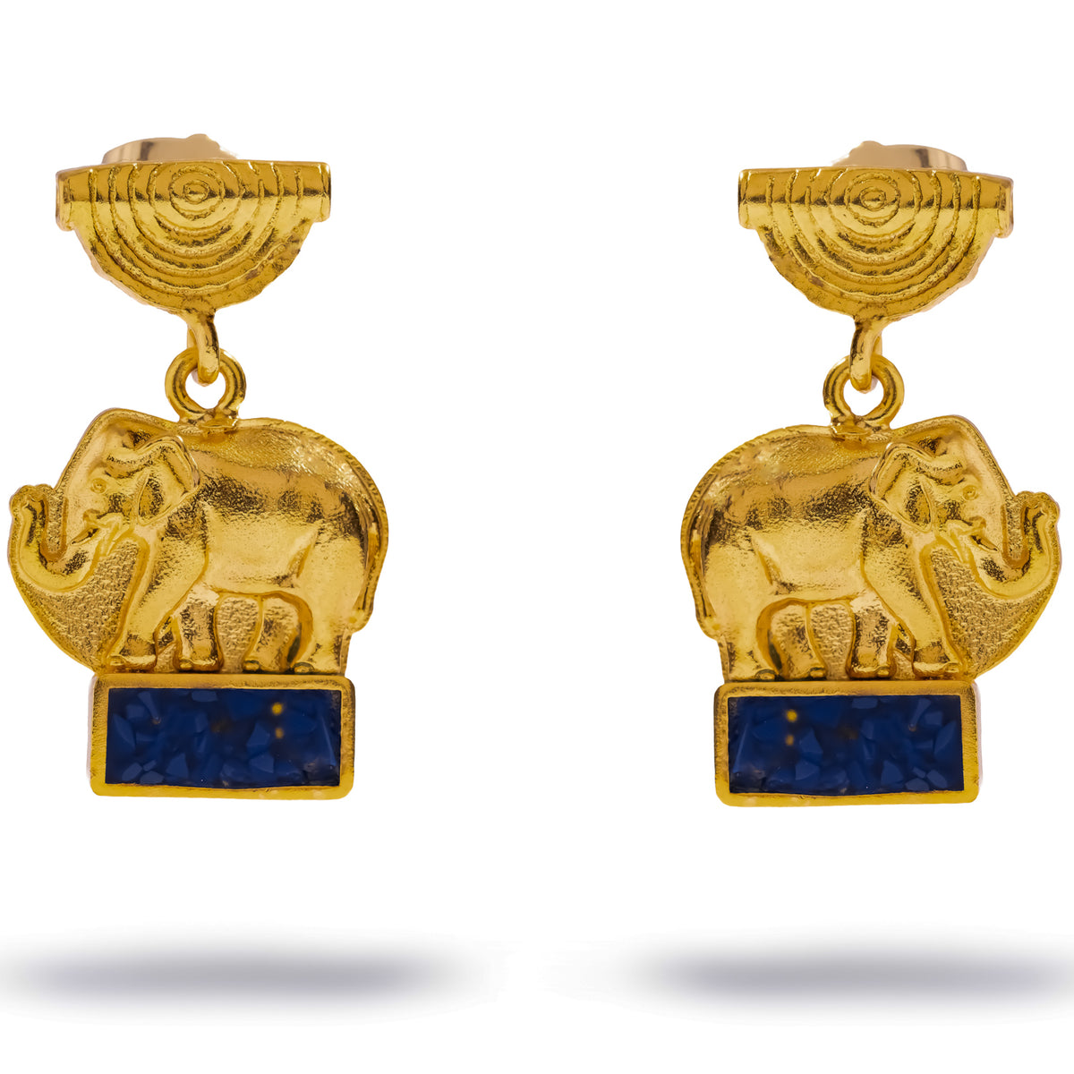 Pair of Lucky Elephant Lapis Lazuli Gold Drop Earrings shown front on, the elephant trunk raised and the calf held within her body