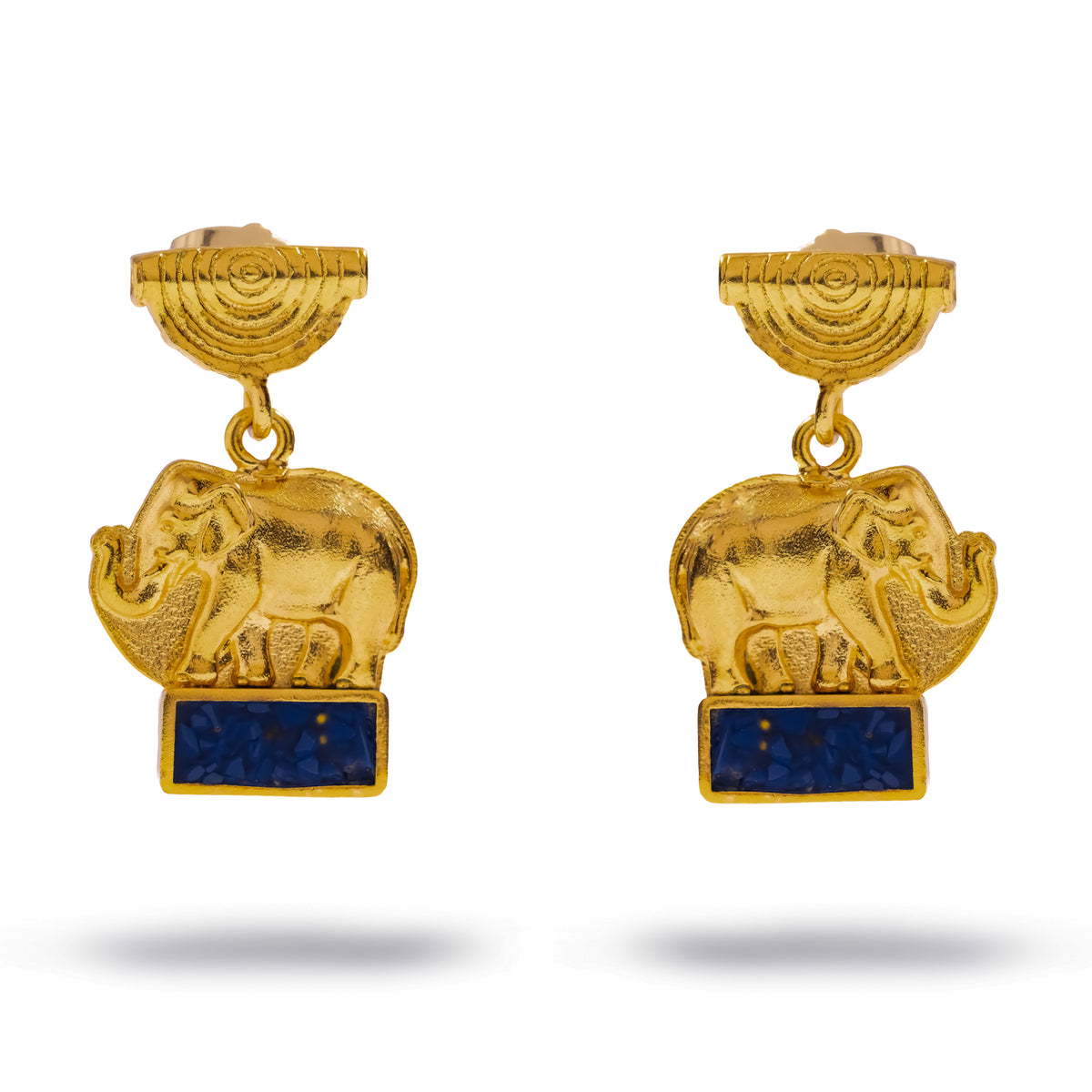 Lucky Elephant Lapis Lazuli Gold Drop Earrings, a gold elephant with her calf above a deep blue lapis lazuli bar
