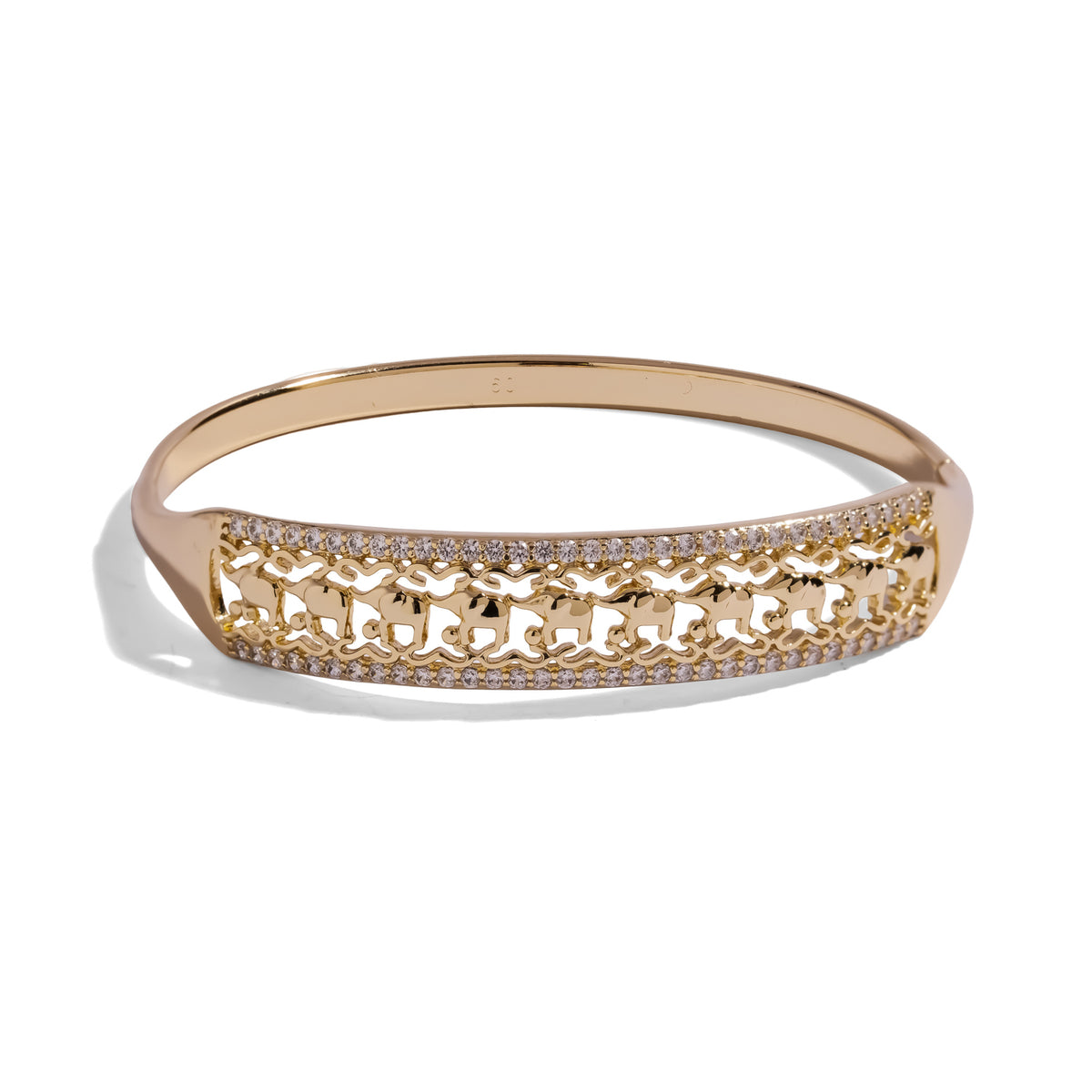 Lucky Elephant Parade Pave Gold Bangle Bracelet on white, a row of openwork elephants framed by white zircon pave borders