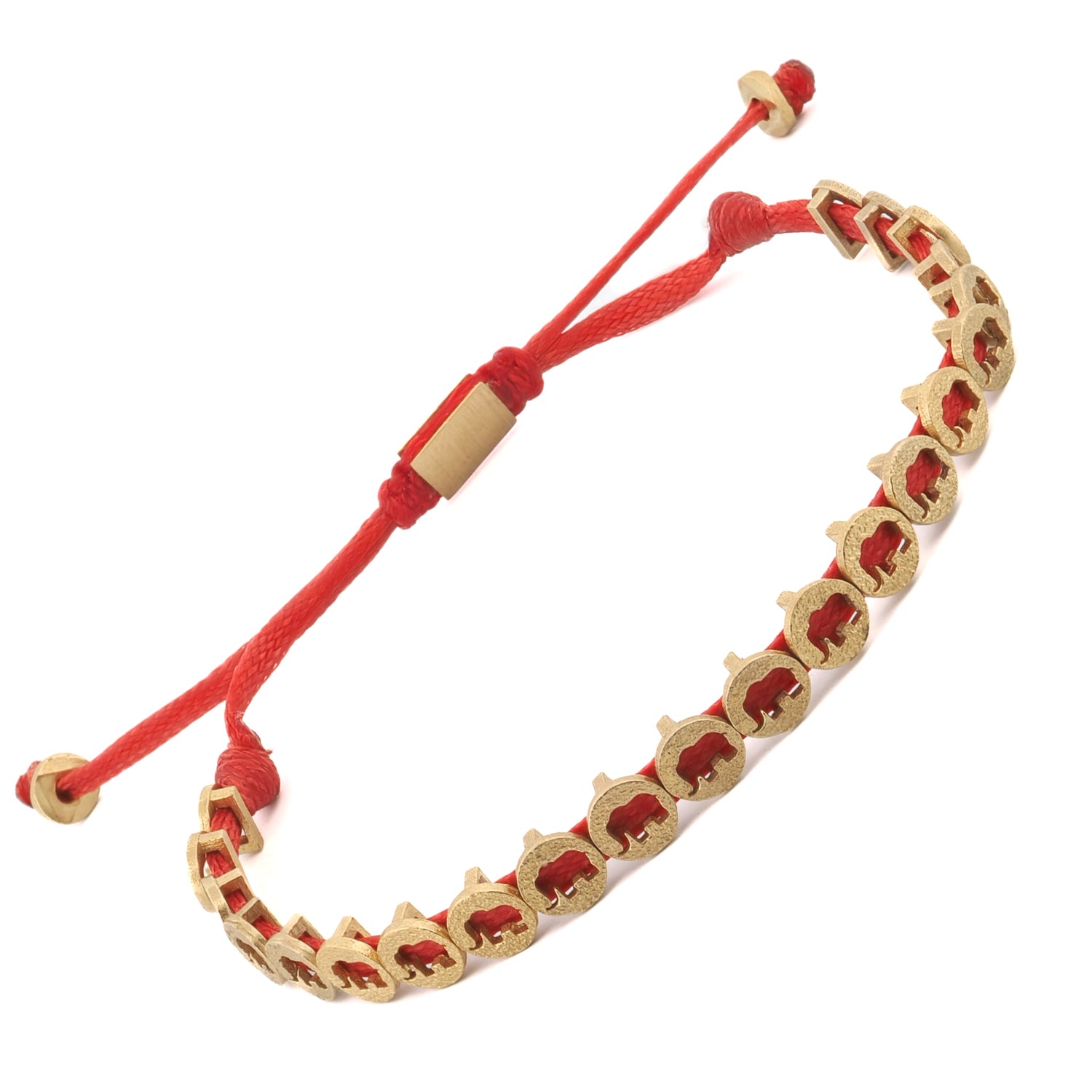 Unisex Lucky Elephant String Bracelet with adjustable red rope and gold-plated brass charms.
