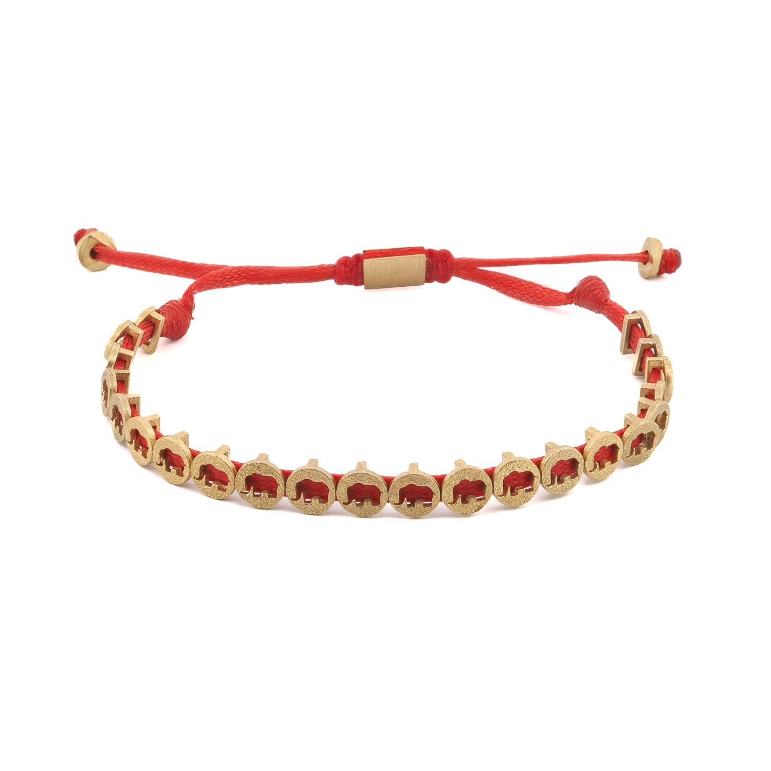 Lucky Elephant Red Woven Unisex String Bracelet featuring red rope and 18K gold-plated brass elephant charms.
