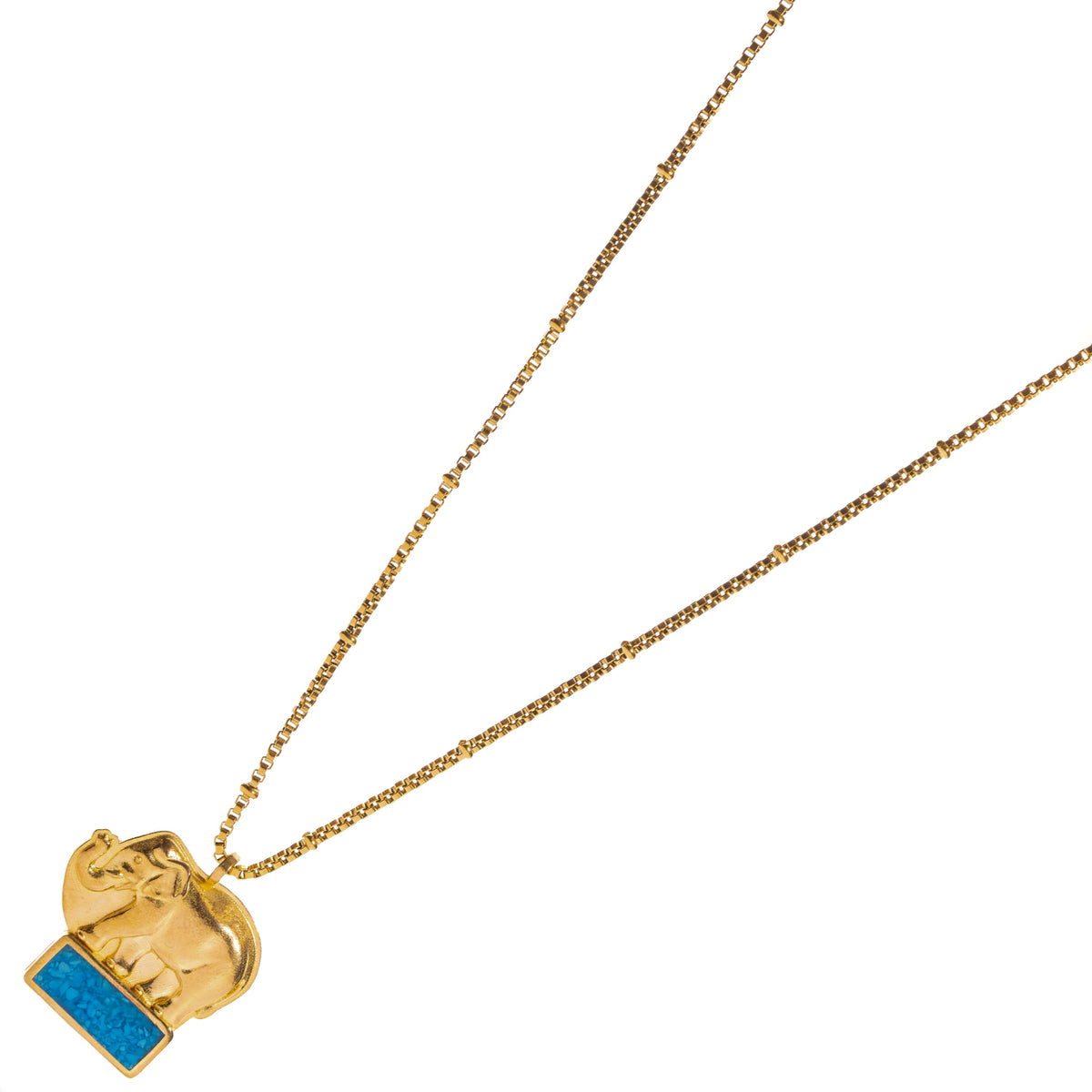 Gold elephant pendant necklace with a turquoise mosaic bar, angled view on white