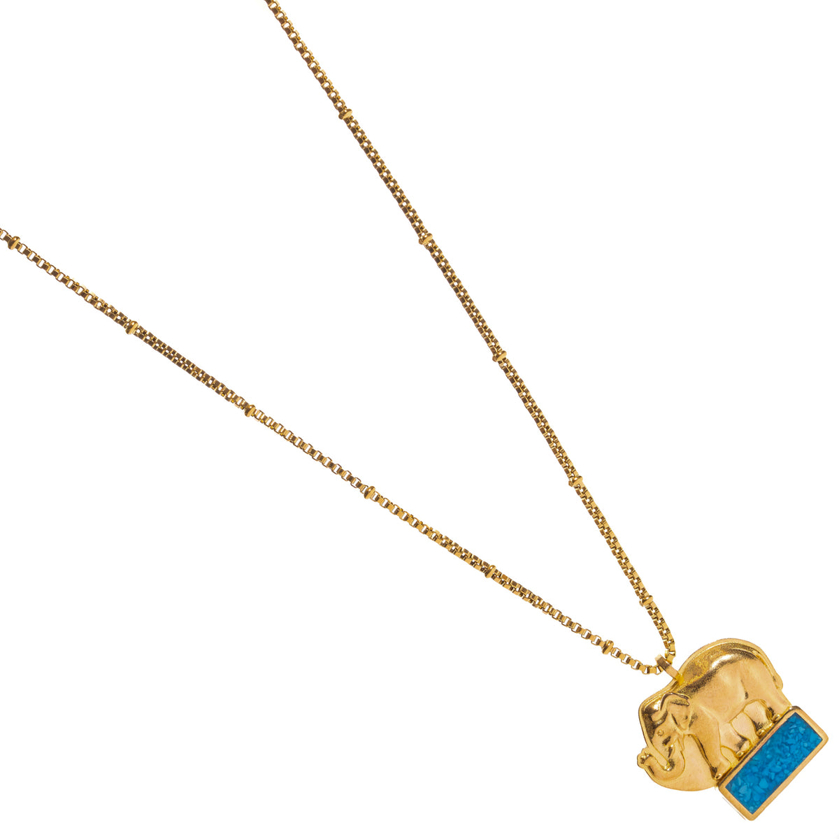 Side view of the sculpted gold elephant and her calf above the turquoise mosaic bar