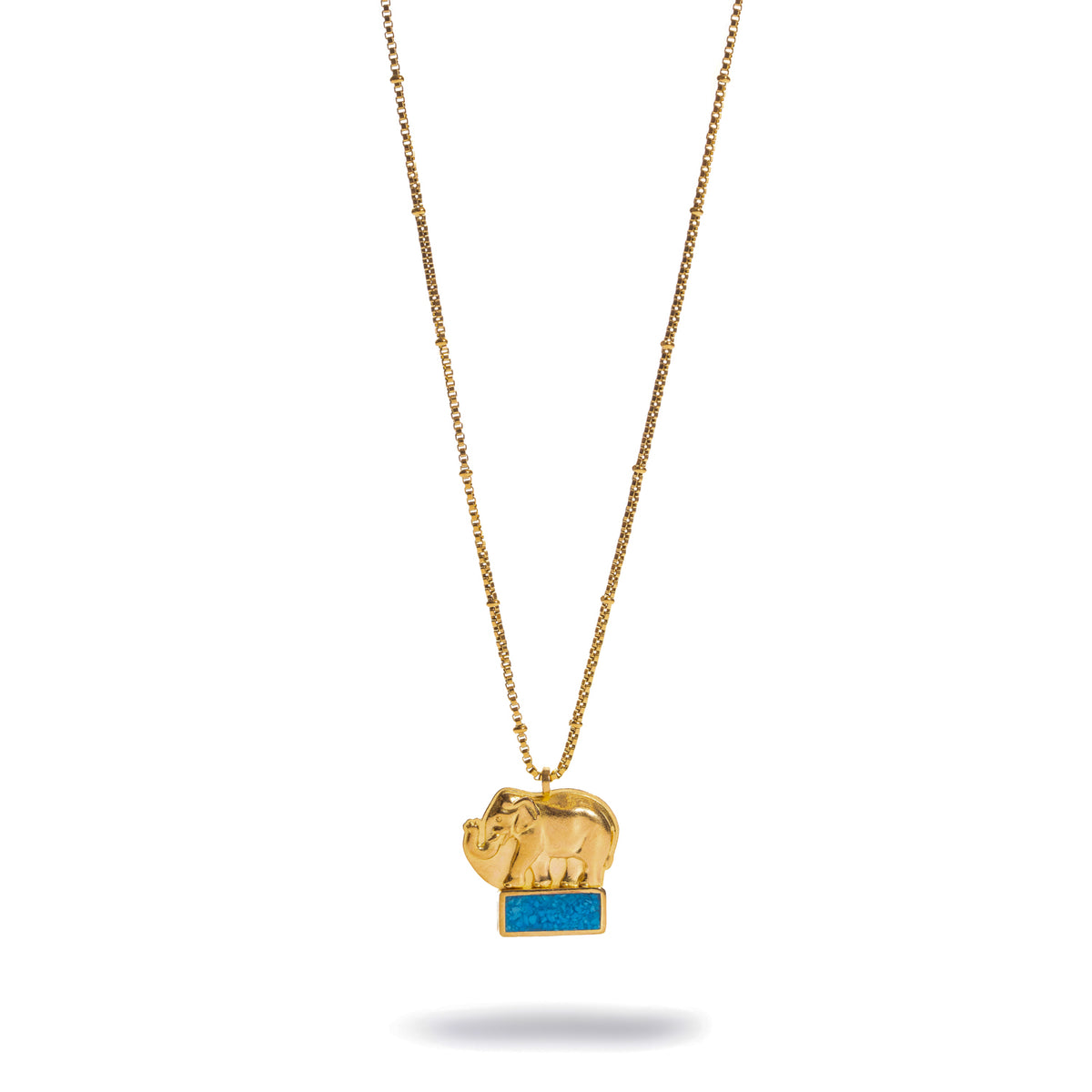 Lucky Elephant Turquoise Mosaic Gold Pendant Necklace shown at full length on a beaded box chain
