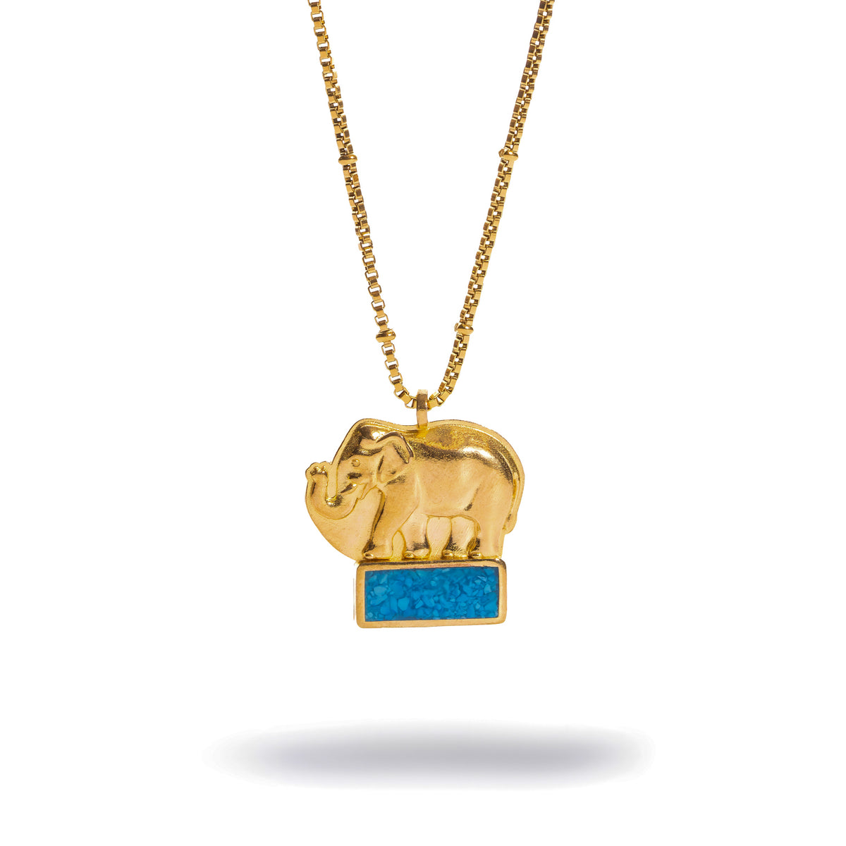 Lucky Elephant Turquoise Mosaic Gold Pendant Necklace, gold elephant with her calf standing on a turquoise mosaic bar