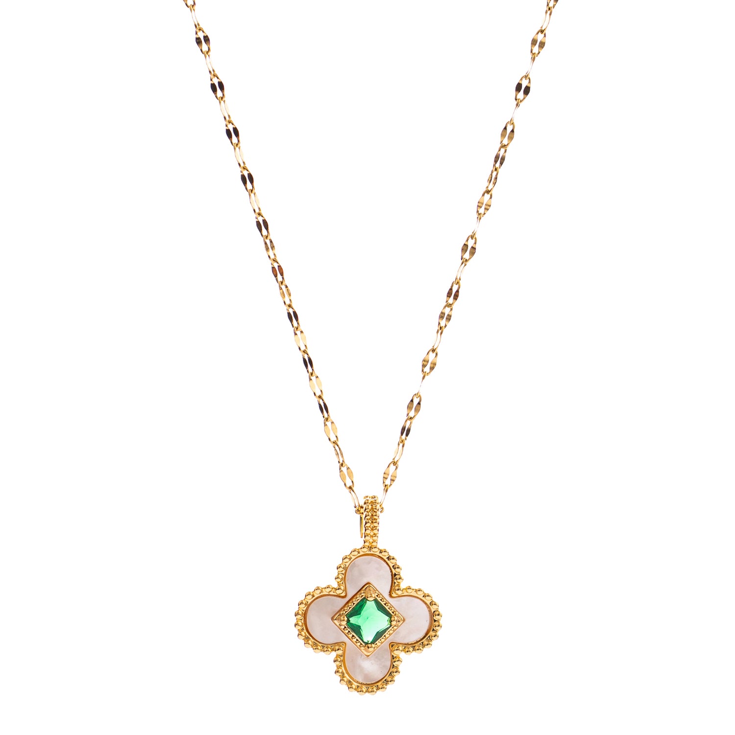 Mother-of-pearl clover charm on gold chain necklace