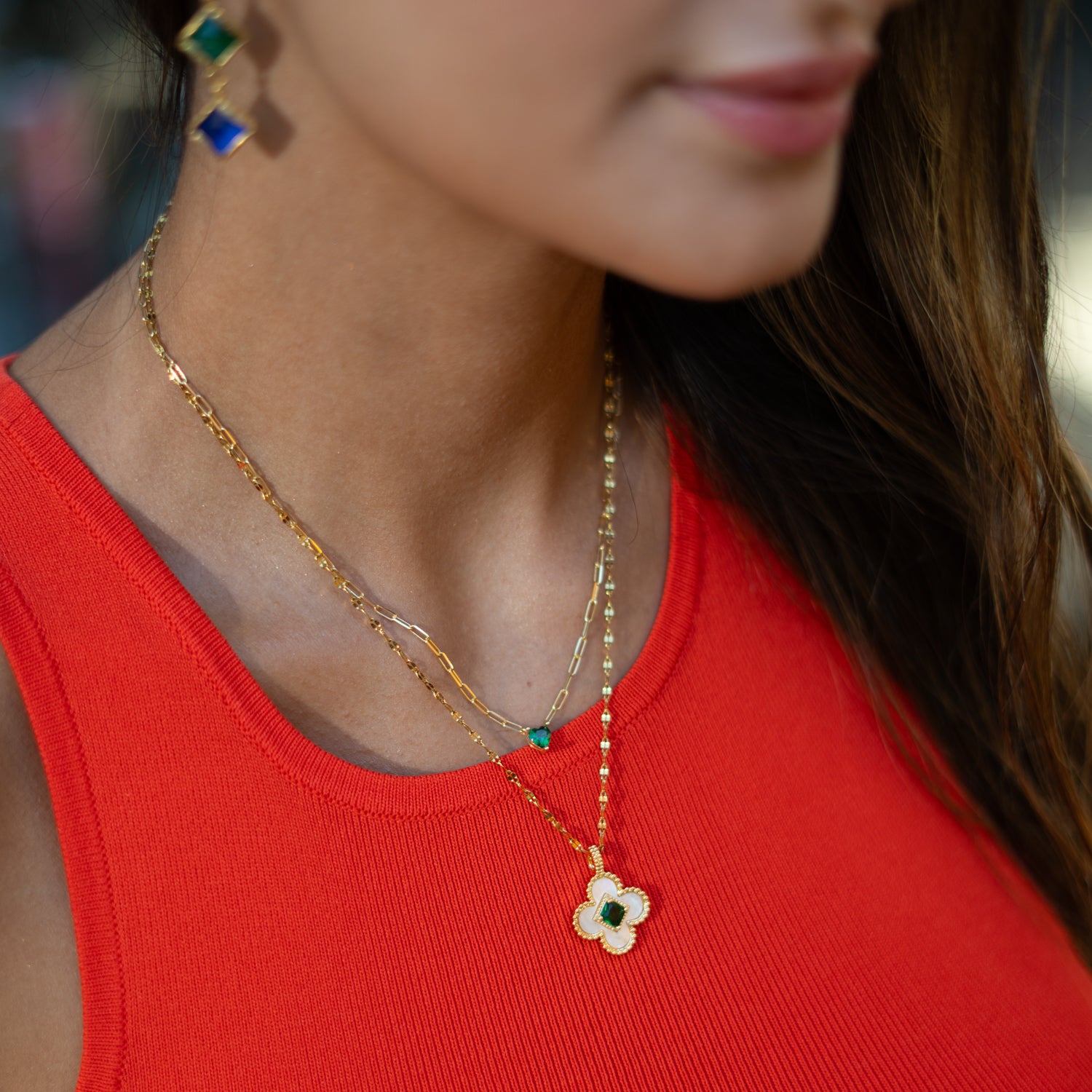 Lucky Clover charm necklace in gold with green gemstone detail