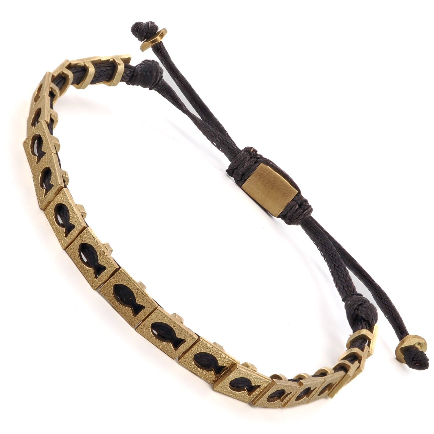 Stylish black woven bracelet with gold-plated fish charms for a modern and meaningful accessory.
