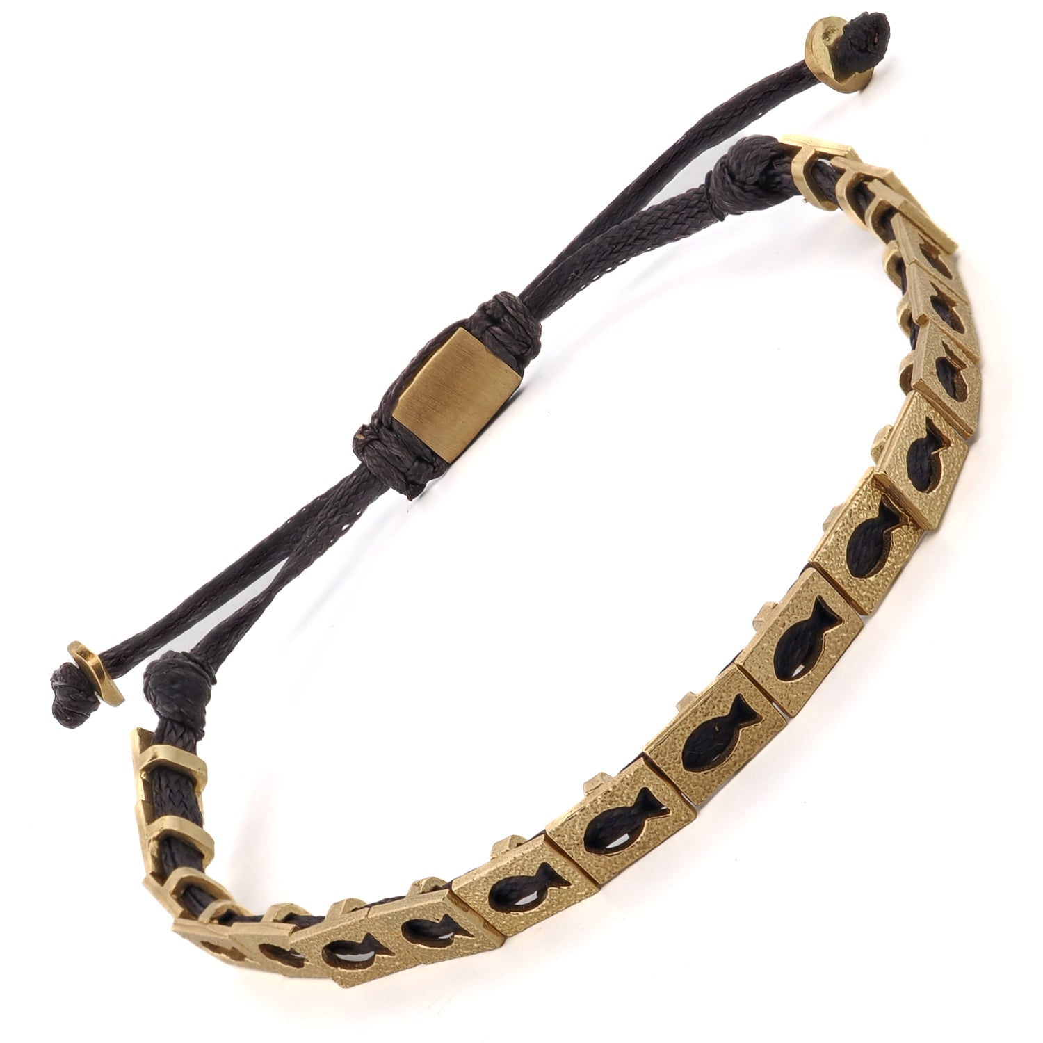 Elegant black string bracelet with gold-plated fish charms, perfect for everyday wear or gifting.
