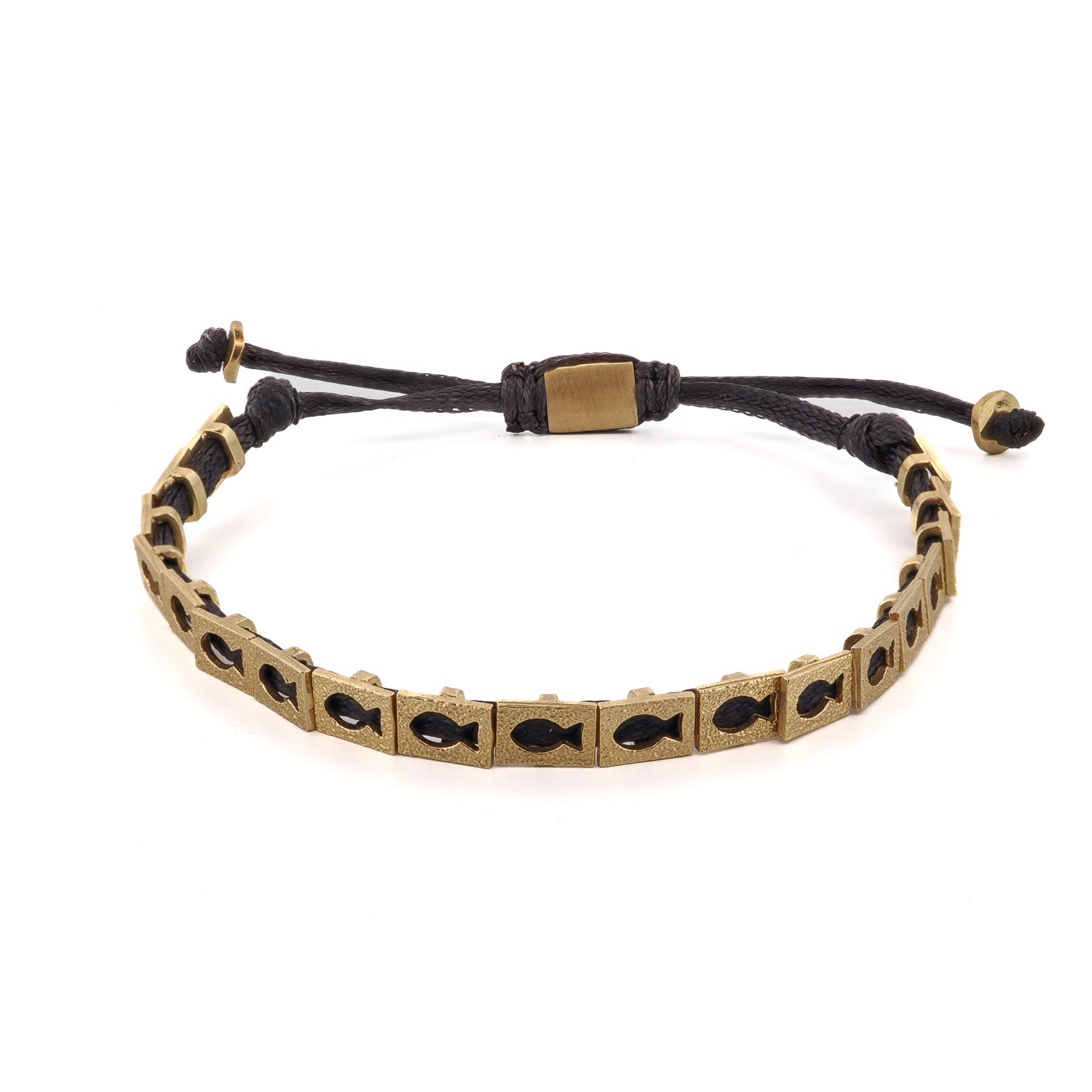 Lucky Fish Black Woven String Bracelet featuring 18K gold-plated brass fish charms on an adjustable black rope.
