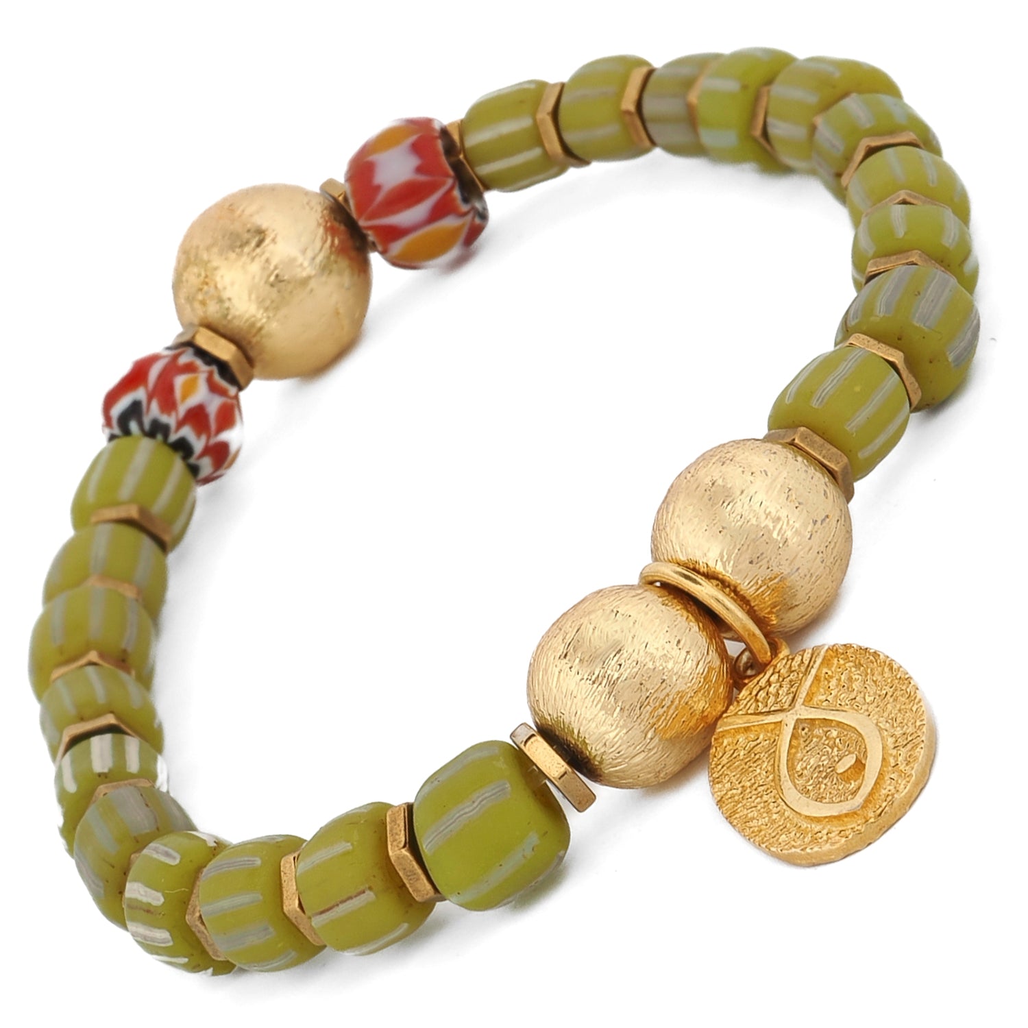 Olive green beaded bracelet with hand-carved African stones, brushed gold sphere beads, and gold fish pendant — abundance jewelry