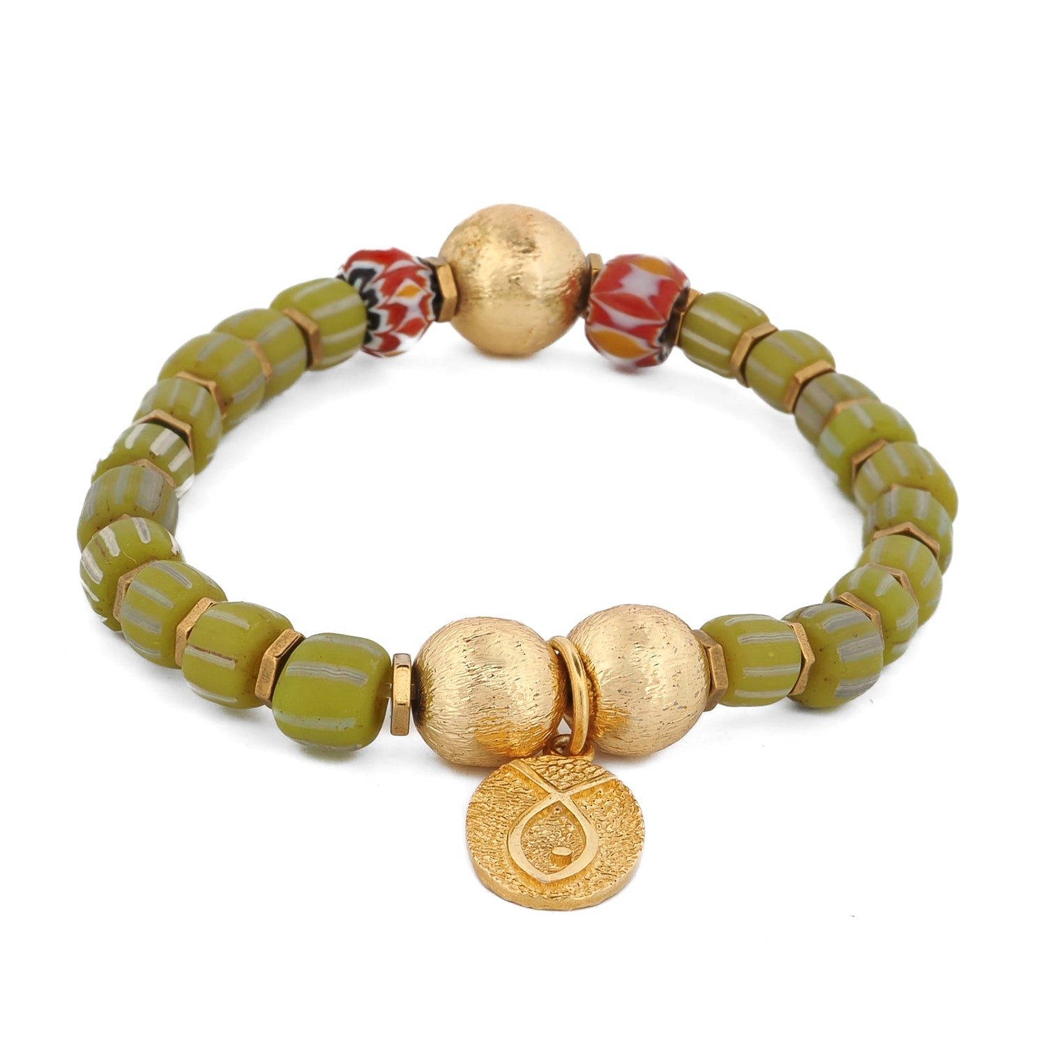 Lucky Fish Olive Beaded Bracelet with African green stone beads, gold hematite spacers, gold sphere beads, and 18k gold-plated fish charm