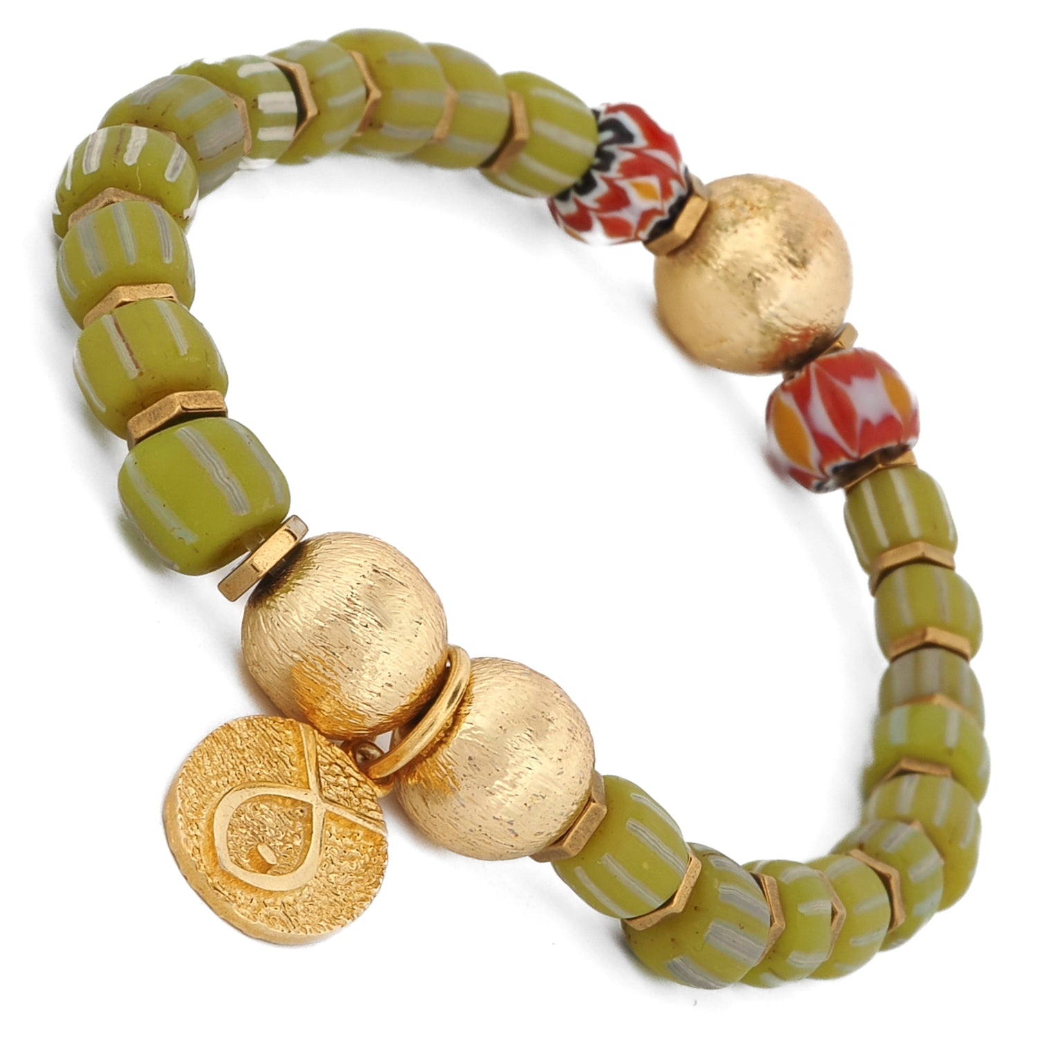 Lucky Fish Olive Beaded Bracelet showing textured green beads, hematite spacers, and dangling fish charm on stretchy cord