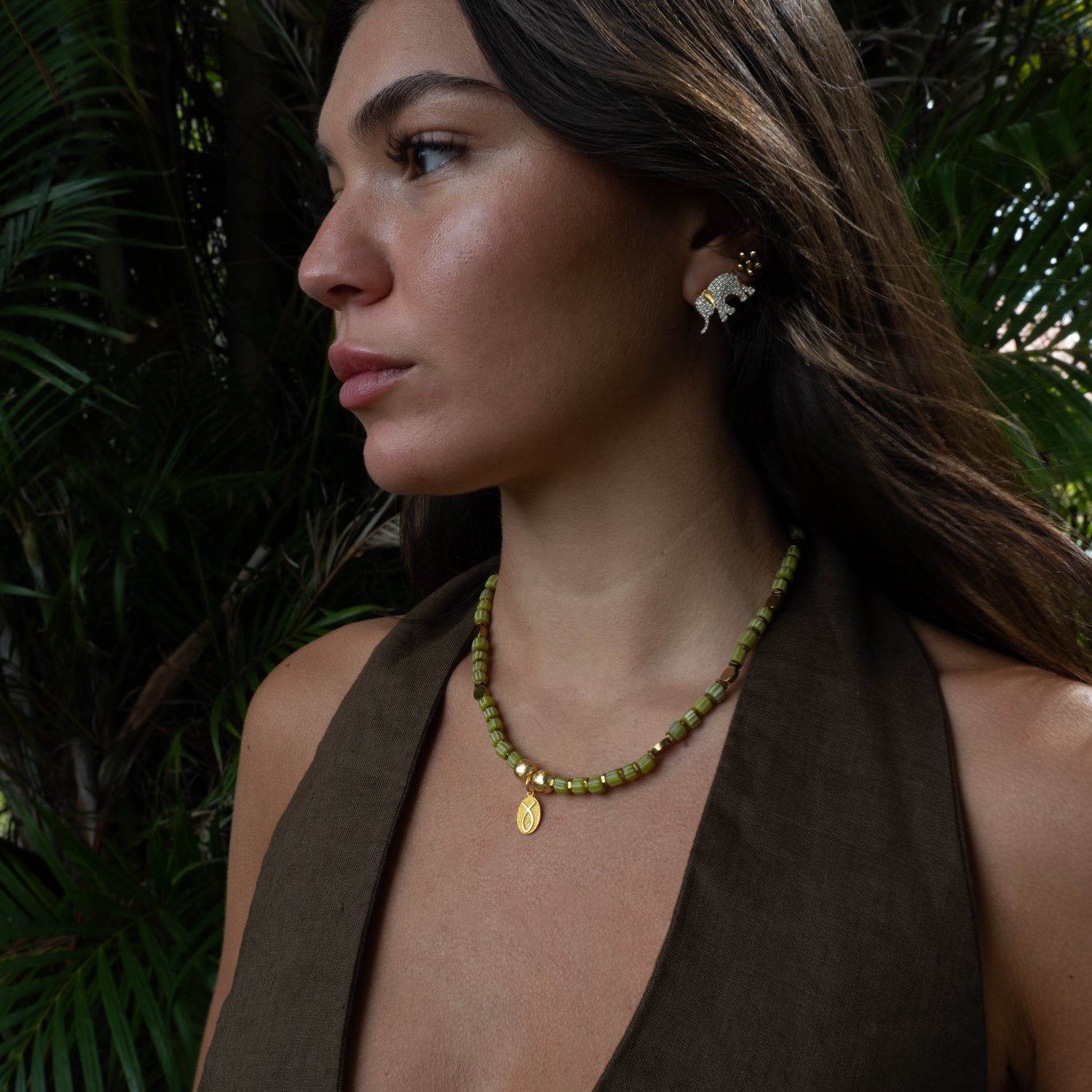 Lucky Fish Olive Beaded Choker Necklace