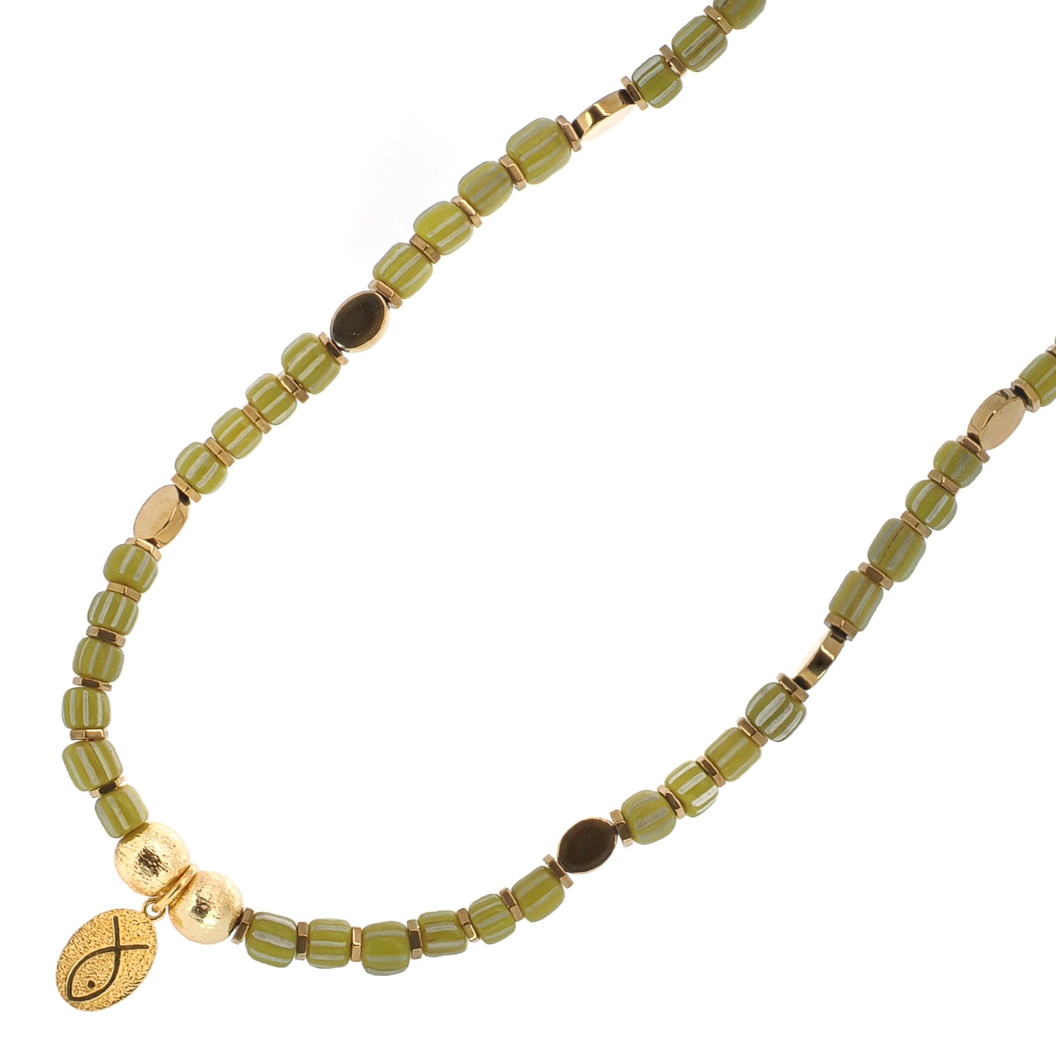 Olive African bead choker styled on model with brown linen, spiritual everyday talisman