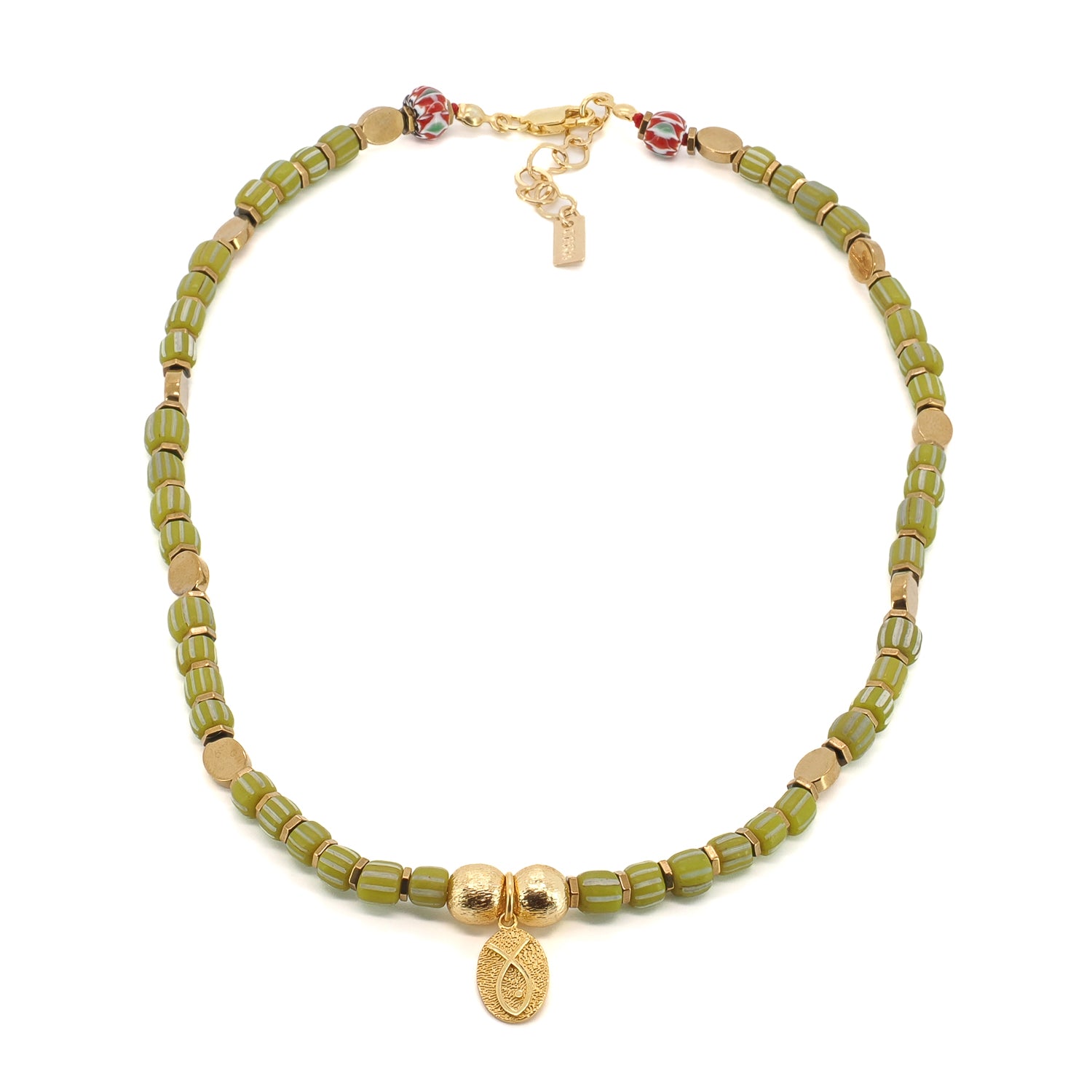 Hand-strung olive bead choker with gold fish charm and heart-shaped extender, Ebru Jewelry