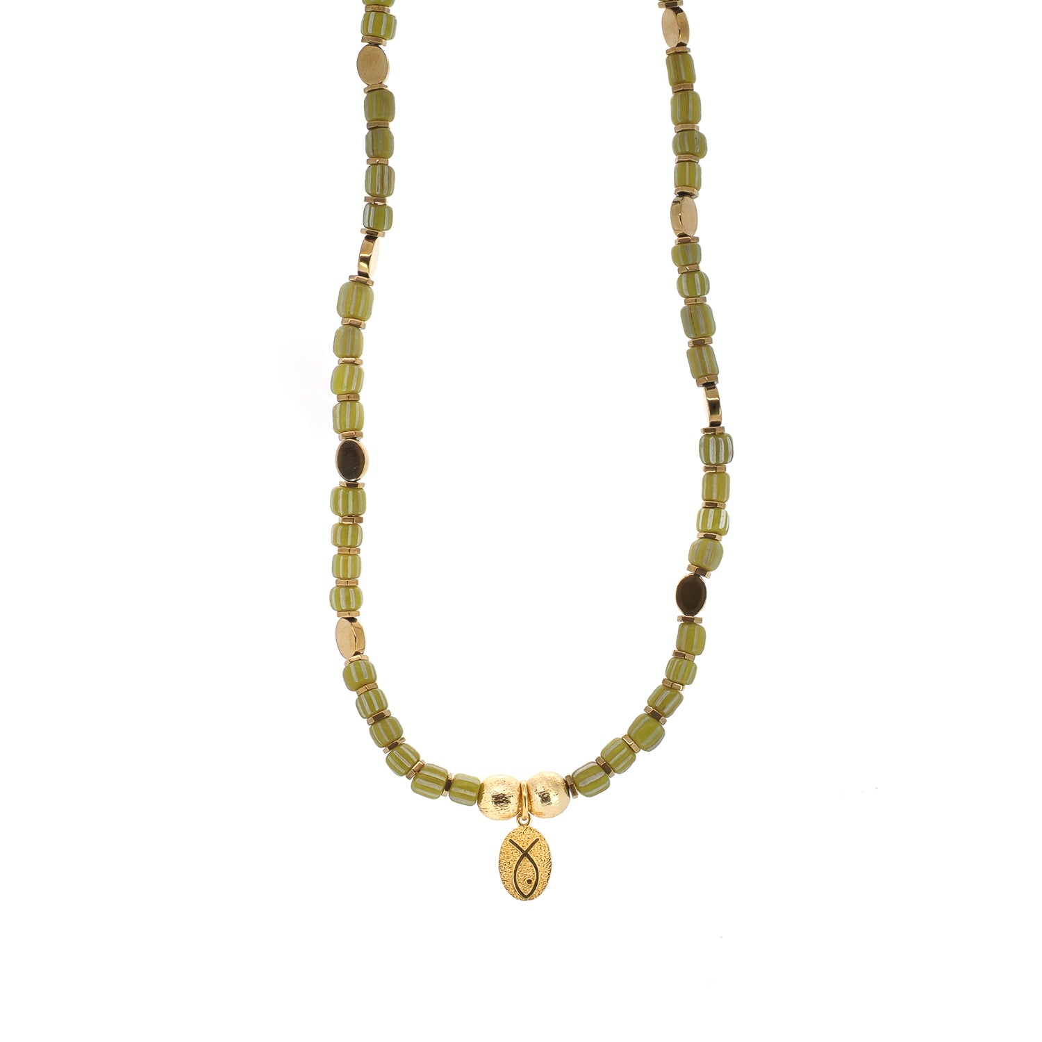 Olive green African bead choker with 925 sterling silver fish pendant by Ebru Jewelry