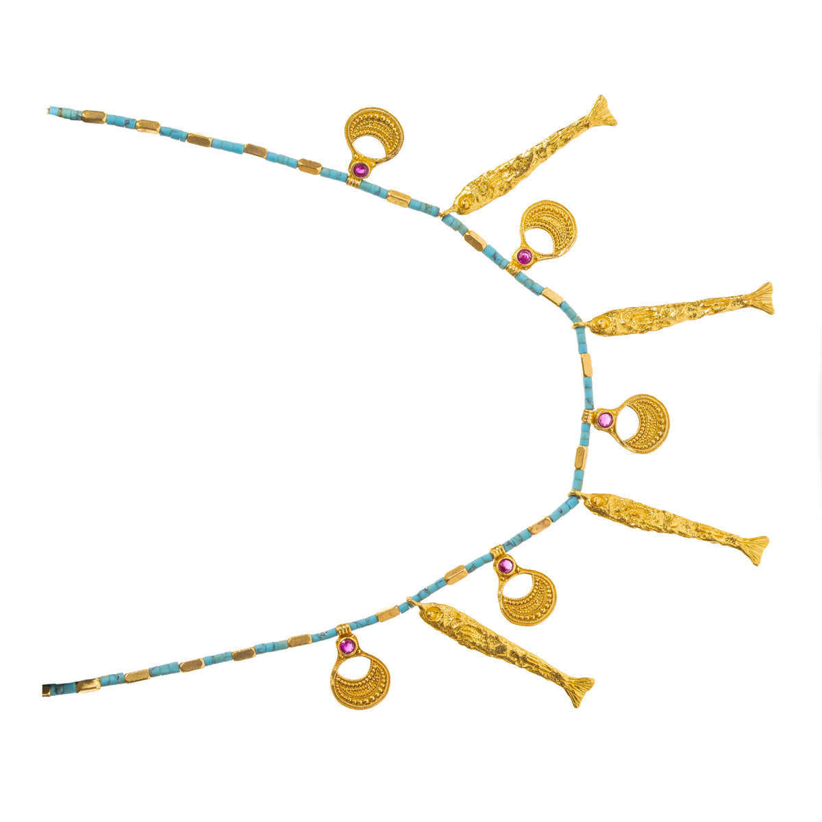 The turquoise beaded fish necklace worn as a collar with the Cleopatra Blue Cat's Eye gold studs and a long gold evil eye pendant chain