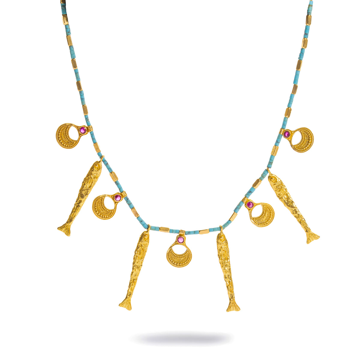 Lucky Fish Turquoise Beaded Gold Statement Necklace, turquoise tube beads hung with four textured gold fish and five granulated crescents set with ruby zircon