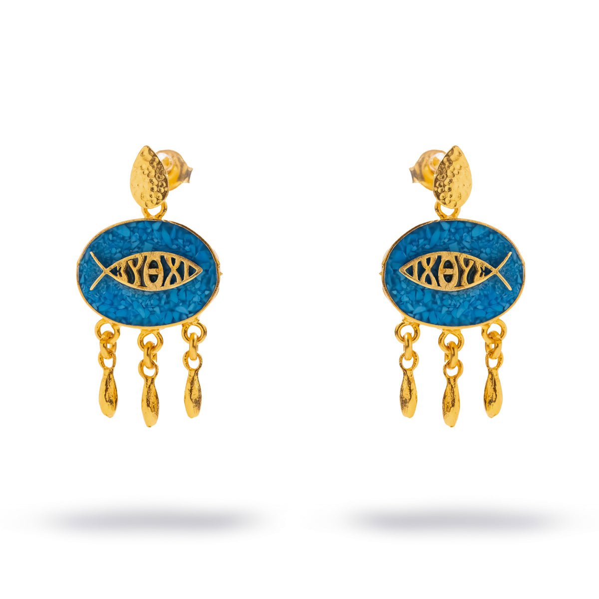 Turquoise mosaic gold fish drop earrings shown as a pair on a white background
