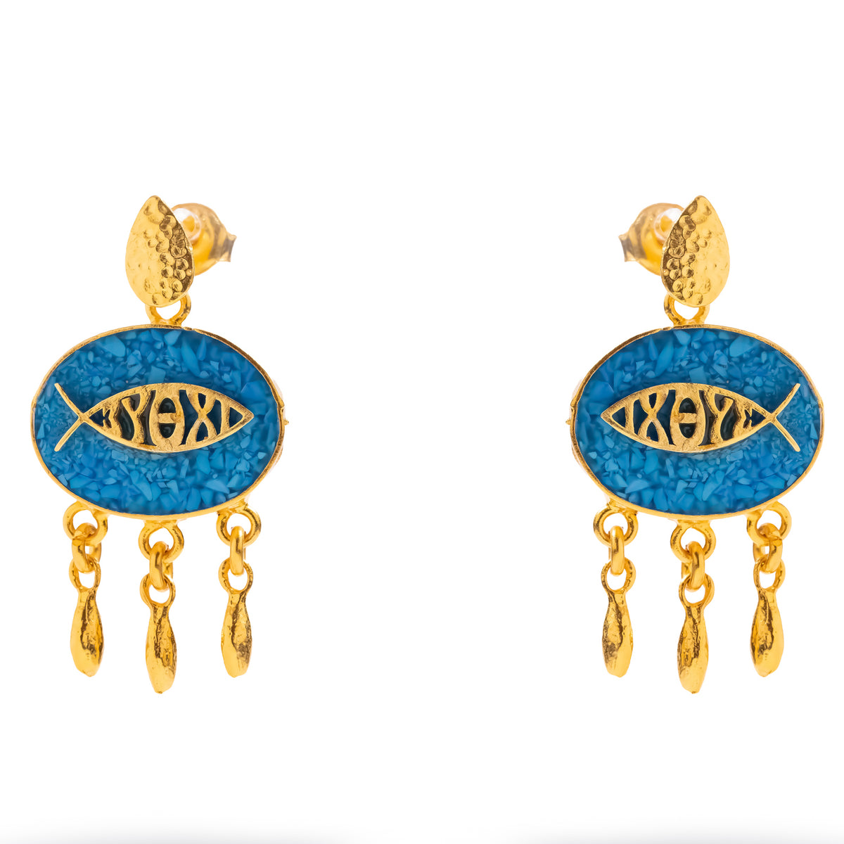 Pair of turquoise mosaic gold drop earrings with a lucky fish centre and gold teardrop fringe