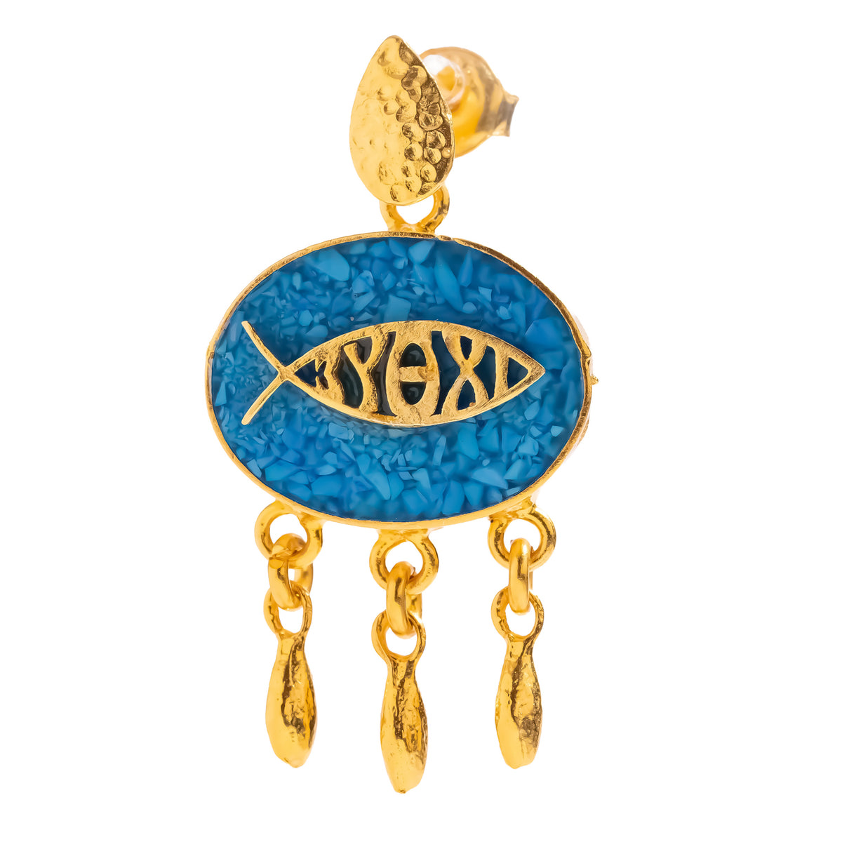 Single turquoise mosaic gold drop earring showing the Ichthys fish inlay and three gold drops